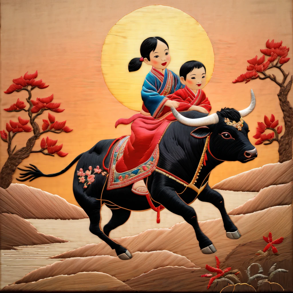 Embroidery works，Embroidery children riding bull，Chinese embroidery，Tano，twilight ray，rustic