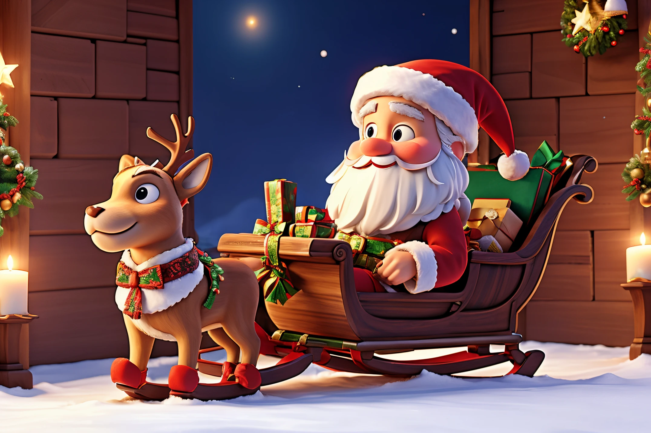 Christmas theme,Santa Claus sits on a sleigh。Reindeer pulling sleigh。with many gifts。