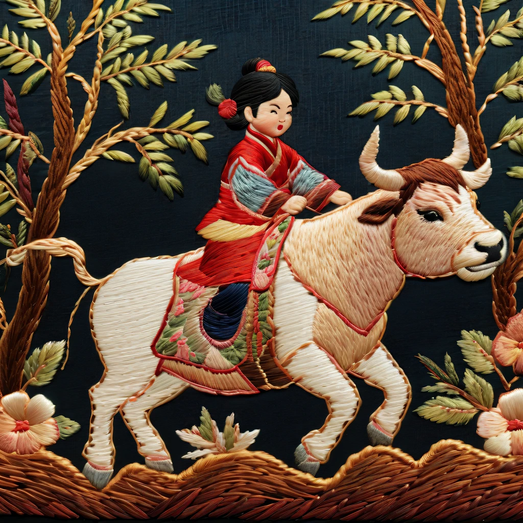 Embroidery works，Embroidery children riding bull，Chinese embroidery
