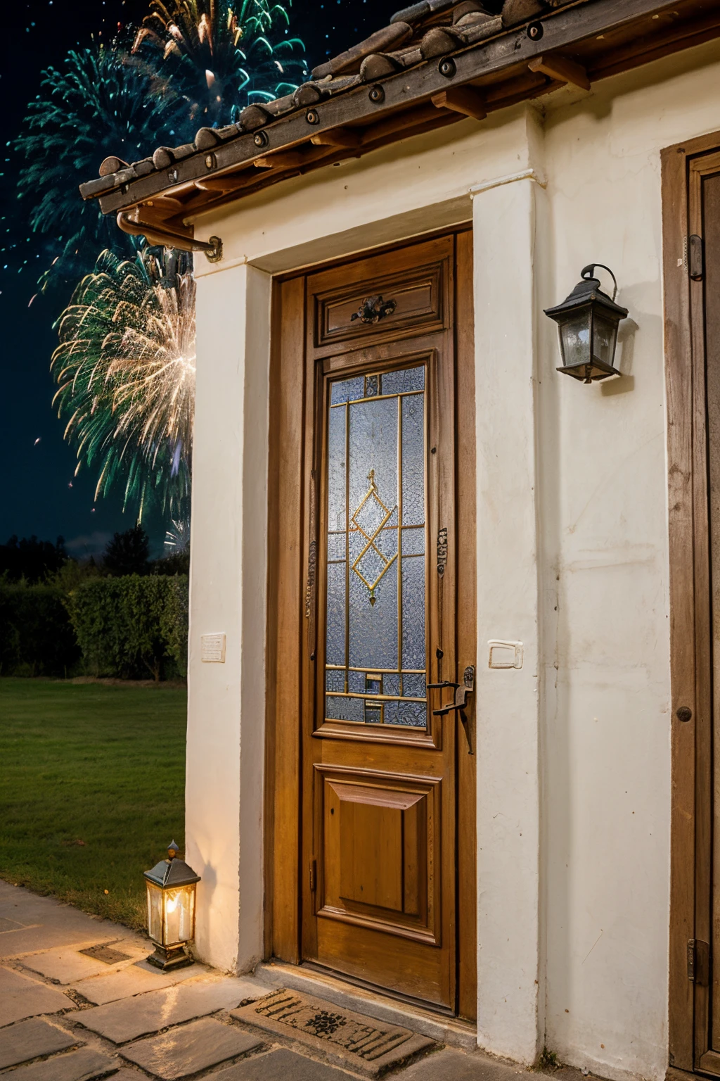 a photorealistic image of a large front traditional romanian house door with fireworks in the sky