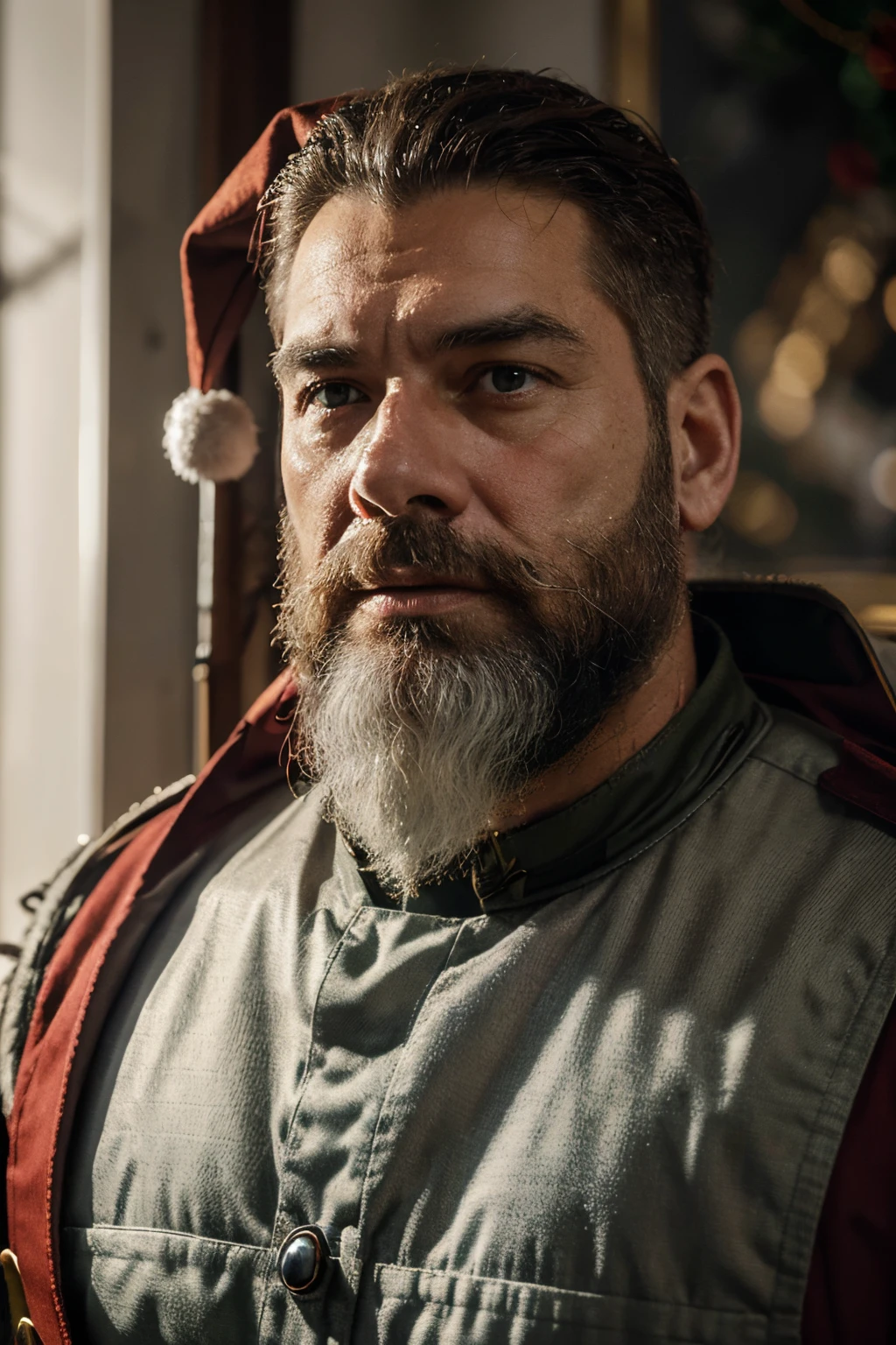 Develop an extremely detailed and realistic visual representation of a rugged, militarized Santa Claus. Ele deve estar vestido com um uniforme de soldado de alta tecnologia, incorporando elementos natalinos como vermelho e branco, de maneira coesa e elegante. Santa's face must convey a strong and determined expression, enquanto segura armamentos modernos de forma imponente. The lighting of the scene must meticulously highlight the details of the uniform, weapons and Santa Claus's characteristic white beard, creating a unique atmosphere that balances military seriousness with Christmas cheer. Certifique-se de incluir texturas ricas, realistic shadows and an immersive visual composition to ensure maximum quality and visual impact of the final image.