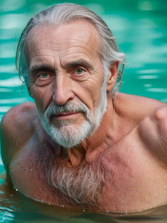 John Glover, An elder with a long beard and white hair, with a serene face wrinkles, looking producing, body older weak, skinny bones hairy, body naked, his shirt was open to reveal his stomach wrinkles older hairy weak and chest, arms legs neck hands feet skinny old and weak, shy and blushed, Lying in the bath swimming pool,master-piece,4K images,beste-Qualit