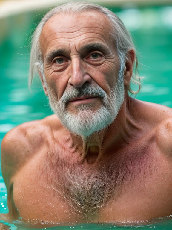 John Glover, An elder with a long beard and white hair, with a serene face wrinkles, looking producing, body older weak, skinny bones hairy, body naked, his shirt was open to reveal his stomach wrinkles older hairy weak and chest, arms legs neck hands feet skinny old and weak, shy and blushed, Lying in the bath swimming pool,master-piece,4K images,beste-Qualit