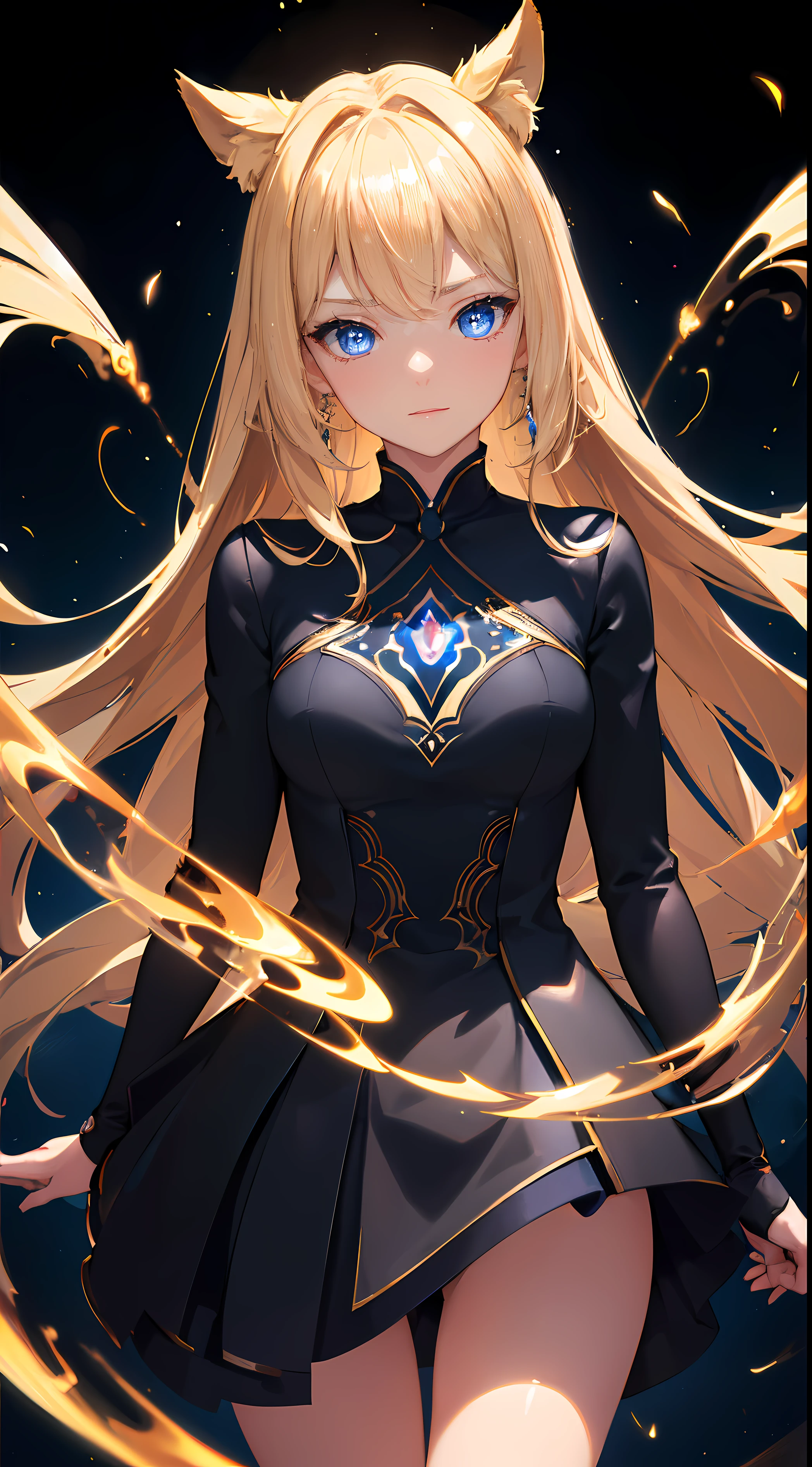 (tmasterpiece, Best quality, ultra - detailed, The best shadow), (detailedbackground,dark fantacy), (beautiful detailed face), hight contrast, (best illuminate, Extremely Delicately Beautiful), ((电影灯光)), Colorful, hyper-detailing, Dramatic light, Complicated details, (1 girl, Alone,blonde with blue eyes, sharpy face, eBlue eyes, swirling black light around character, depth of fields,black light particles roken ggic round,