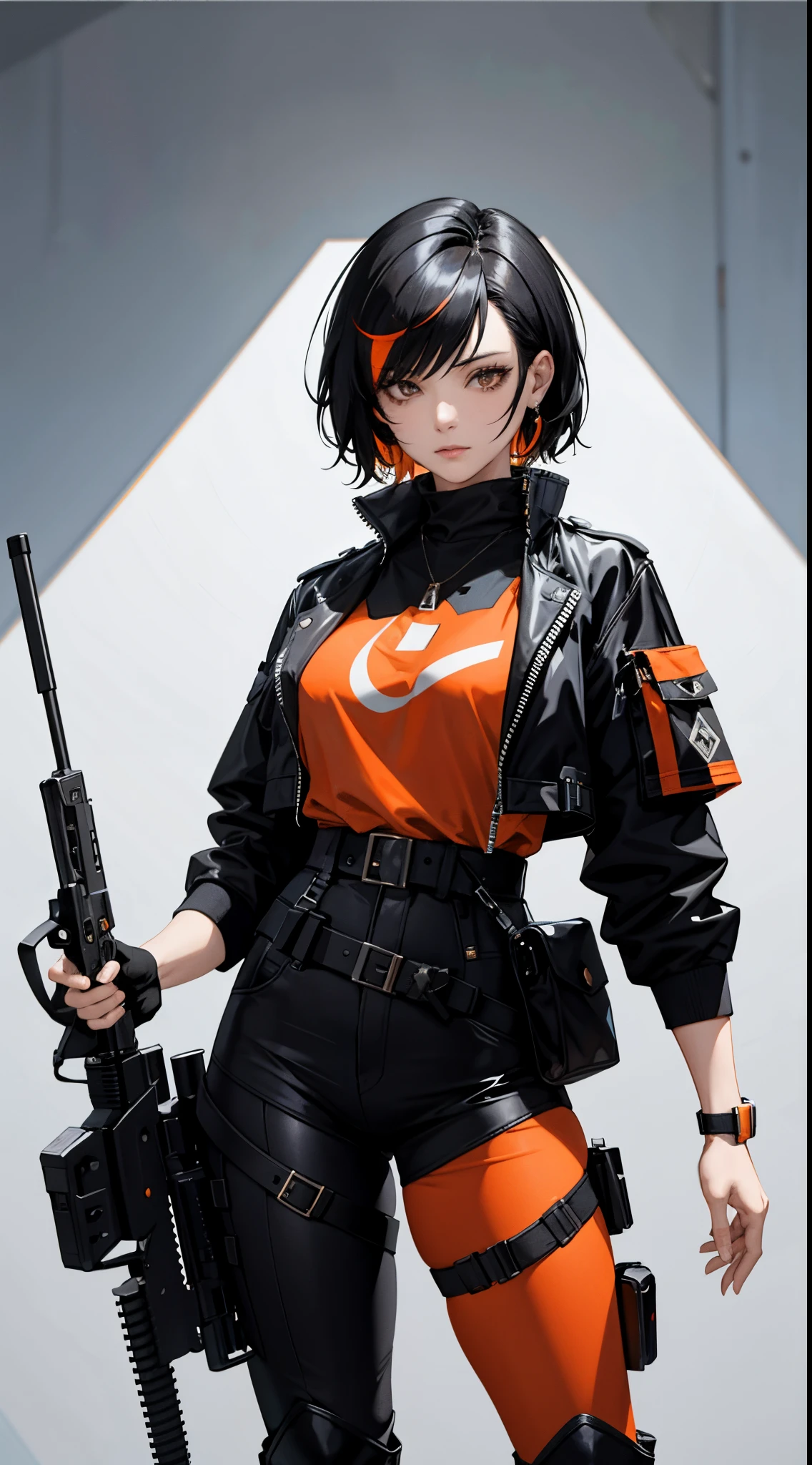 "Create a masterpiece, with a woman, from the front, short hair, black hair and the right of it with an orange streak, dressed in a black jacket, imposing, with a pistol on her waist, detailed her face and body and clothes. The resolution texture should be 16k."