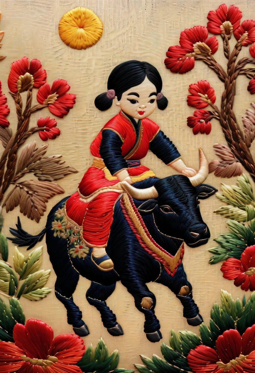 Embroidery works，Embroidery children riding bull，Chinese embroidery，Tano，twilight rays，rustic