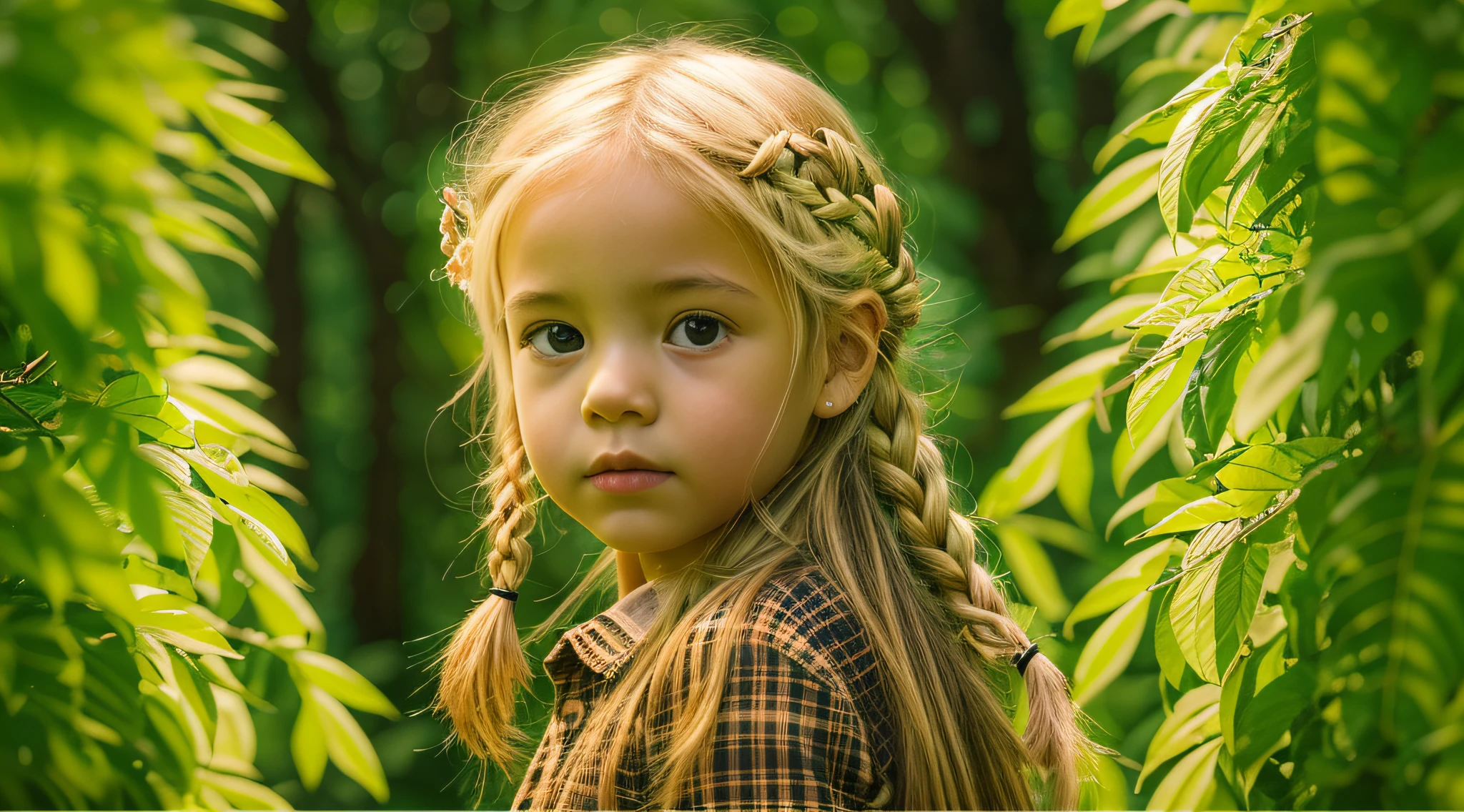 KIDS BLONDIE BRAIDS fotografia (estilo fallenangel:1) uma pintura digital de um (atraente:1) Anjo dourado sentado no meio de uma floresta