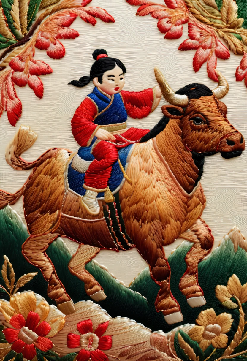 Embroidery works，Embroidery children riding bull，Chinese embroidery