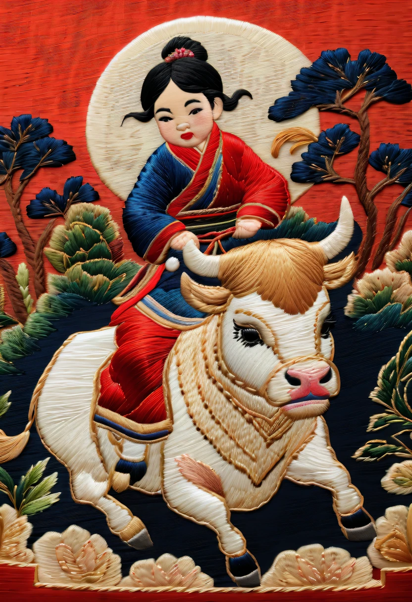Embroidery works,Embroidery children riding bull,Chinese embroidery,Tano,twilight rays