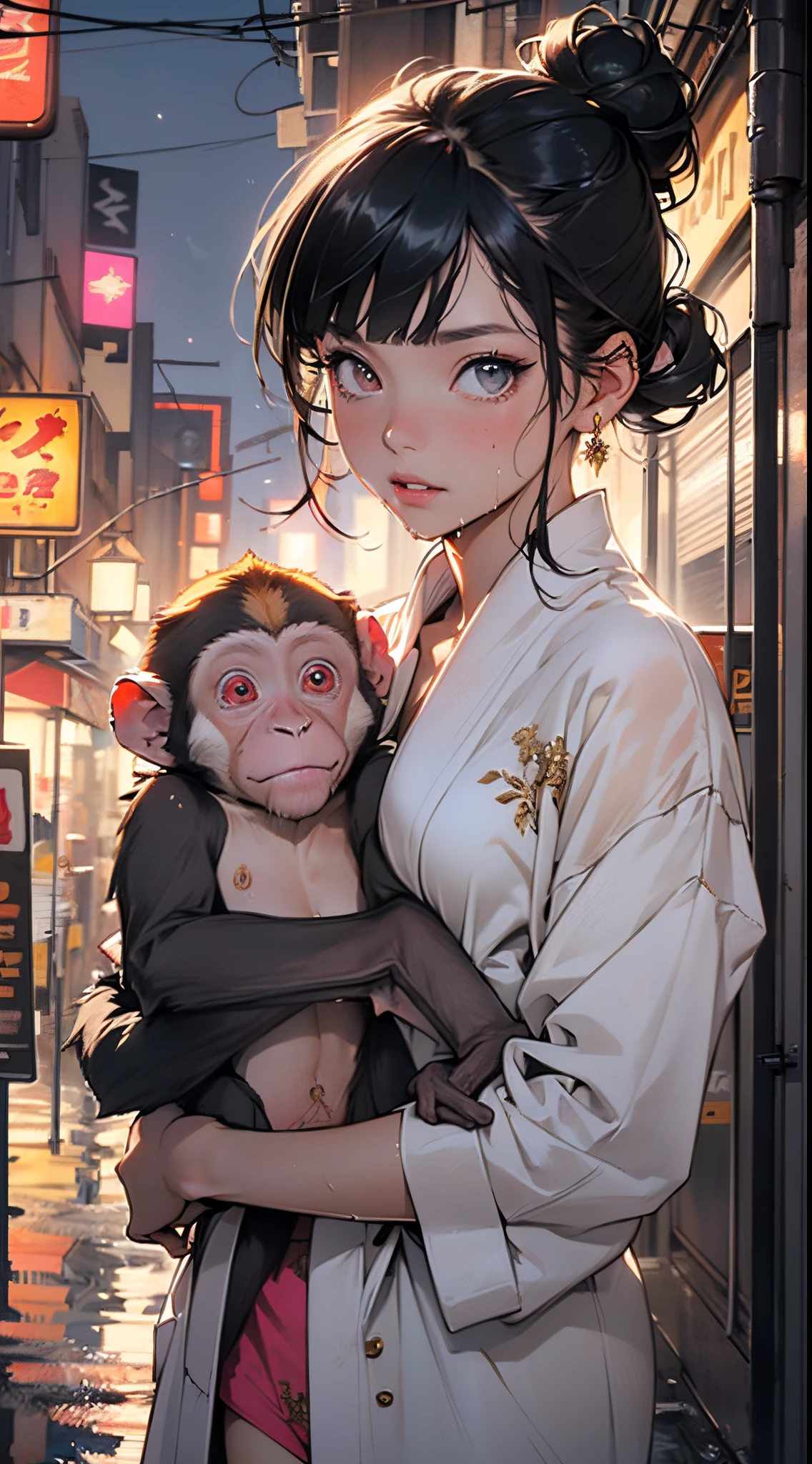 cute little ,(((little lolill tiny body,petite,chibi))),(((6 years ttle loli with extremelye and beautiful black hair)),(baby face), (round face),bit girl,Small loli,smallunderboob,
(at chest))),(((black hair:1.5,Qi bangs,double bun hair,colored inner hair,ear breathing))),((heterochromia:1.5, (pink_eye and gold_eye))),intricate eyes,beautiful detailed eyes,symmetrical eyes,big eyes:1.5,(((lustrous skin:1.5,bright skin: 1.5,skin tanned,shiny skin,very shiny skin,shiny body,plastic glitter skin,exaggerated shiny skin,illuminated skin,wet legs))),(detailed body,(detailed face)),
cute,slutty,erotic,((nsfw)),
zettai ryouiki,(revealing clothing,show skin),(((white dressing gown,Gold wire embroidery))),((carry a stuffed monkey:1.5)),((wet clothes,intricate outfit,intricate clothes)),
(dynamic pose:1.0),embarrassed,(centered,scale to fit dimensions,Rule of thirds),
cyberpunk city by the ocean at night, with bright neon signs and dark stormy clouds and puddles, scenery:1.25,nighttime, starry night, cosmos,Very dark night that makes the neon lights stand out, very bright neon lights,nighttime, starry night, cosmos,
artistic photography,(photography taken by sldr),highres, sharp focus,(ultra detailed, extremely detailed), (photorealistic artwork:1.37),(extremely detailed CG unity 8k wallpaper),((synthwave background theme)),(((vibrant colors))),intricate,(intricate background),(masterpiece),(best quality),perfect rendered face,perfect face details,realistic face,photo realistic,analog style,((intricate detail)),(((realism))),