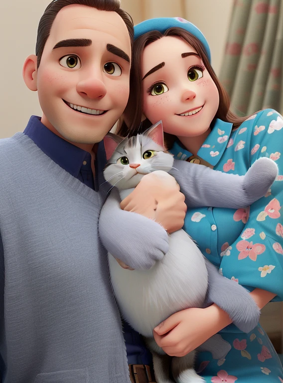There is a man and a woman holding a cat in their arms, Cat Hold, very, Very low quality image, With a kitten in the lap, my mother and my father, couple, Wife and son, from egypt, The cat is smiling, He happily smiles at the camera, Family Portrait, High Quality Loading, Happy family, !!!! cat!!!!, Big Cheeks holds her cat, beret, The man has thin hair , The man is in his twenties   , veiled, One gray cat, in egypt