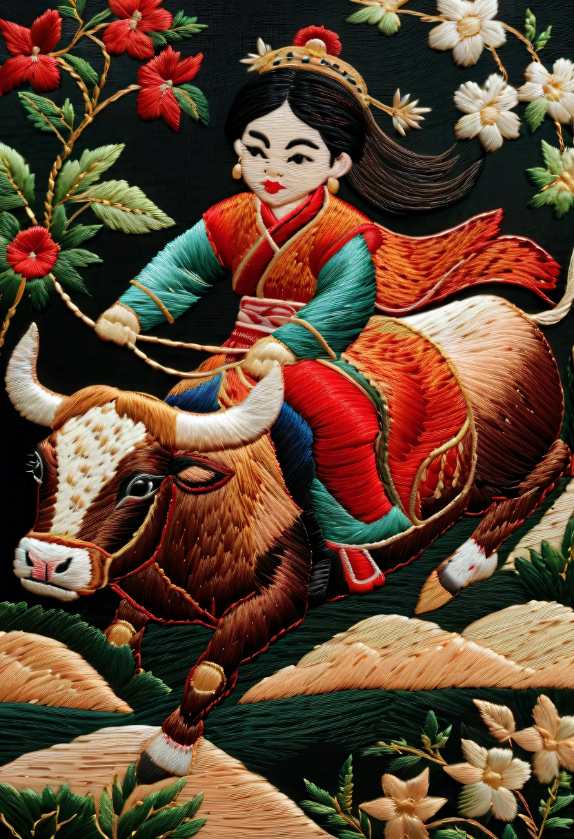 Embroidery works,Embroidery children riding bull,Chinese embroidery