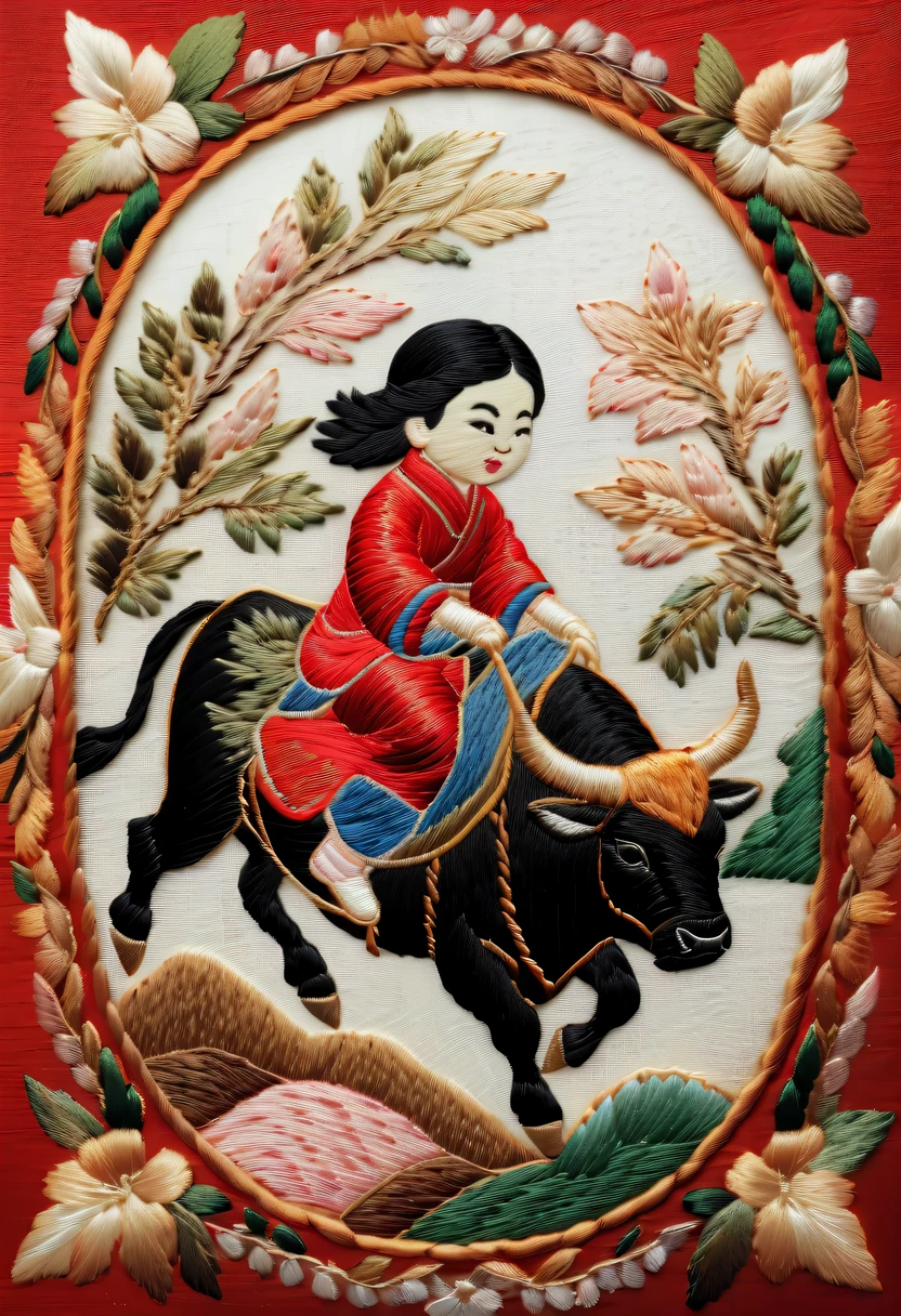 Embroidery works，Embroidery children riding bull，Chinese embroidery