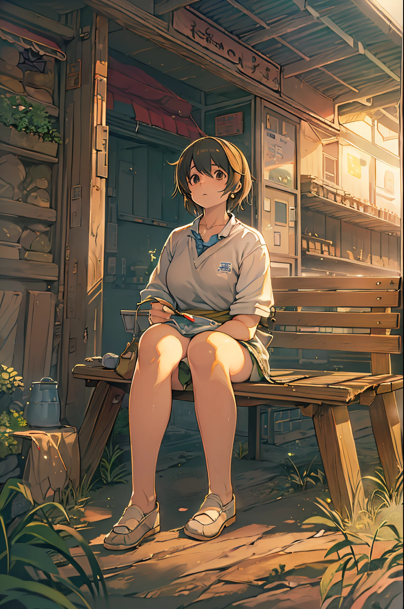 Anime girl sitting on a wooden bench with a suitcase, makoto shinkai art style, Shinkai Makoto style, painted in anime painter studio, By Shinkai Makoto. a digital rendering, lofi-girl, ( ( By Shinkai Makoto ) ), in the style of makoto shinkai, anime style 4 k, style of makoto shinkai, made with anime painter studio、Evening glow、At dusk