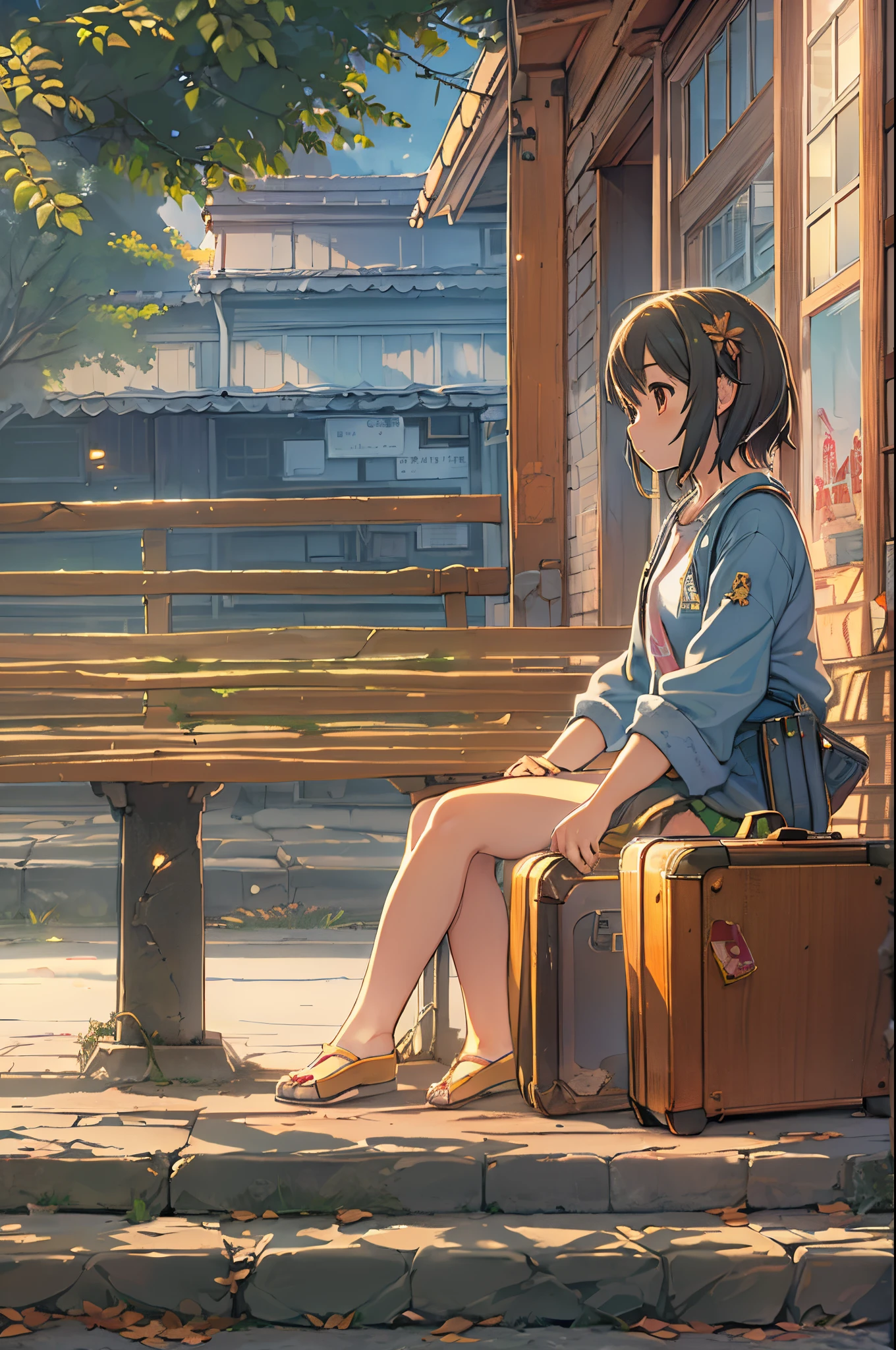Anime girl sitting on a wooden bench with a suitcase, makoto shinkai art style, Shinkai Makoto style, painted in anime painter studio, By Shinkai Makoto. a digital rendering, lofi-girl, ( ( By Shinkai Makoto ) ), in the style of makoto shinkai, anime style 4 k, style of makoto shinkai, made with anime painter studio、Evening glow、At dusk