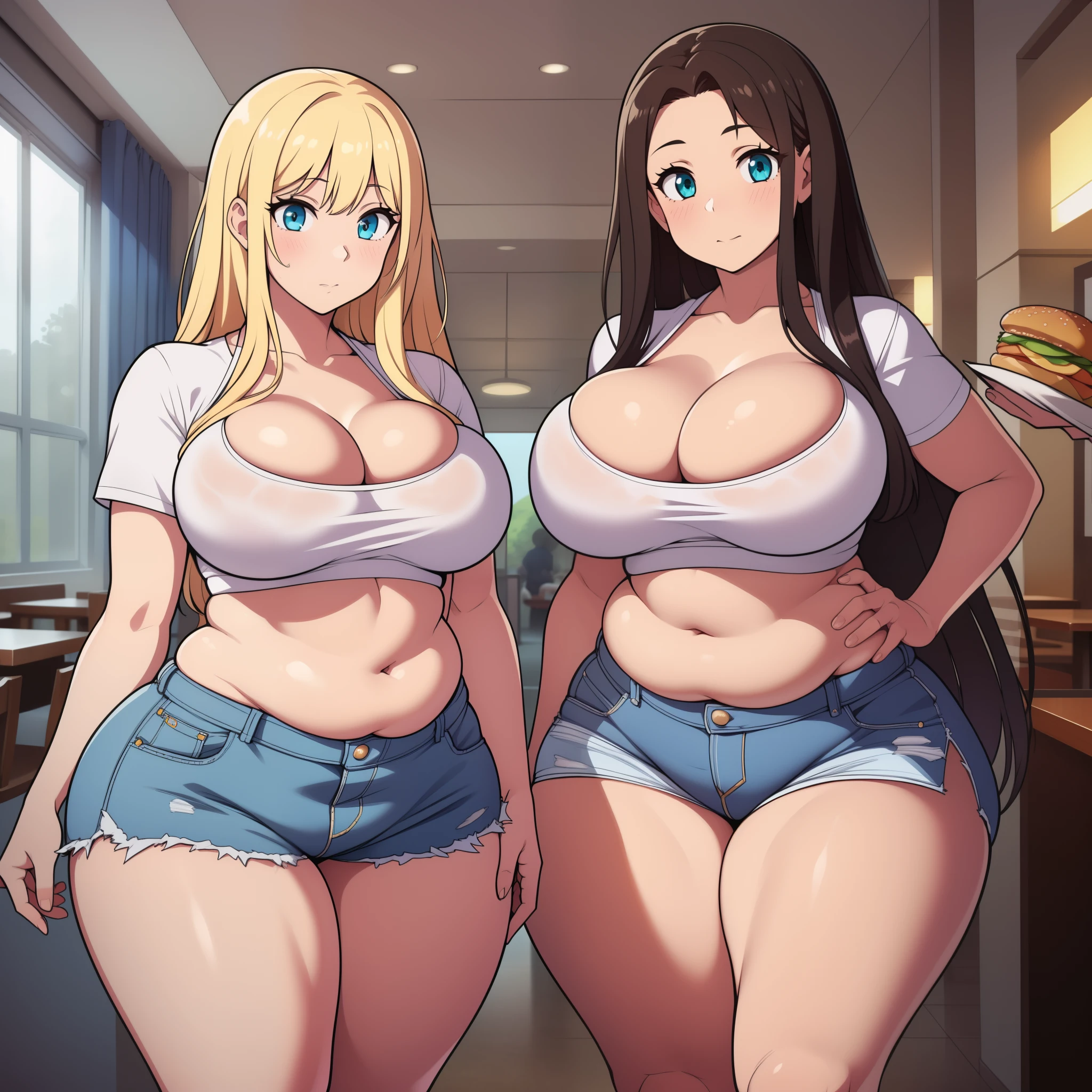 ((highreasterpiece)), high quality, best quality, beautiful, perfect lighting, detailed face, ultra cute face, ((2girls)), one girl has blonde hair, blue eyes, crop top and shorts skindentation, one girl has brown hair, green eyes, jeans, white shirt, thighs clothes, full body, fast food restaurant, medium breasts, perky breasts, cleavage, ((wide hips)), ((thick thighs)), ass, ((chubby)), pudgy belly, fat folds, standing, (belly grab)