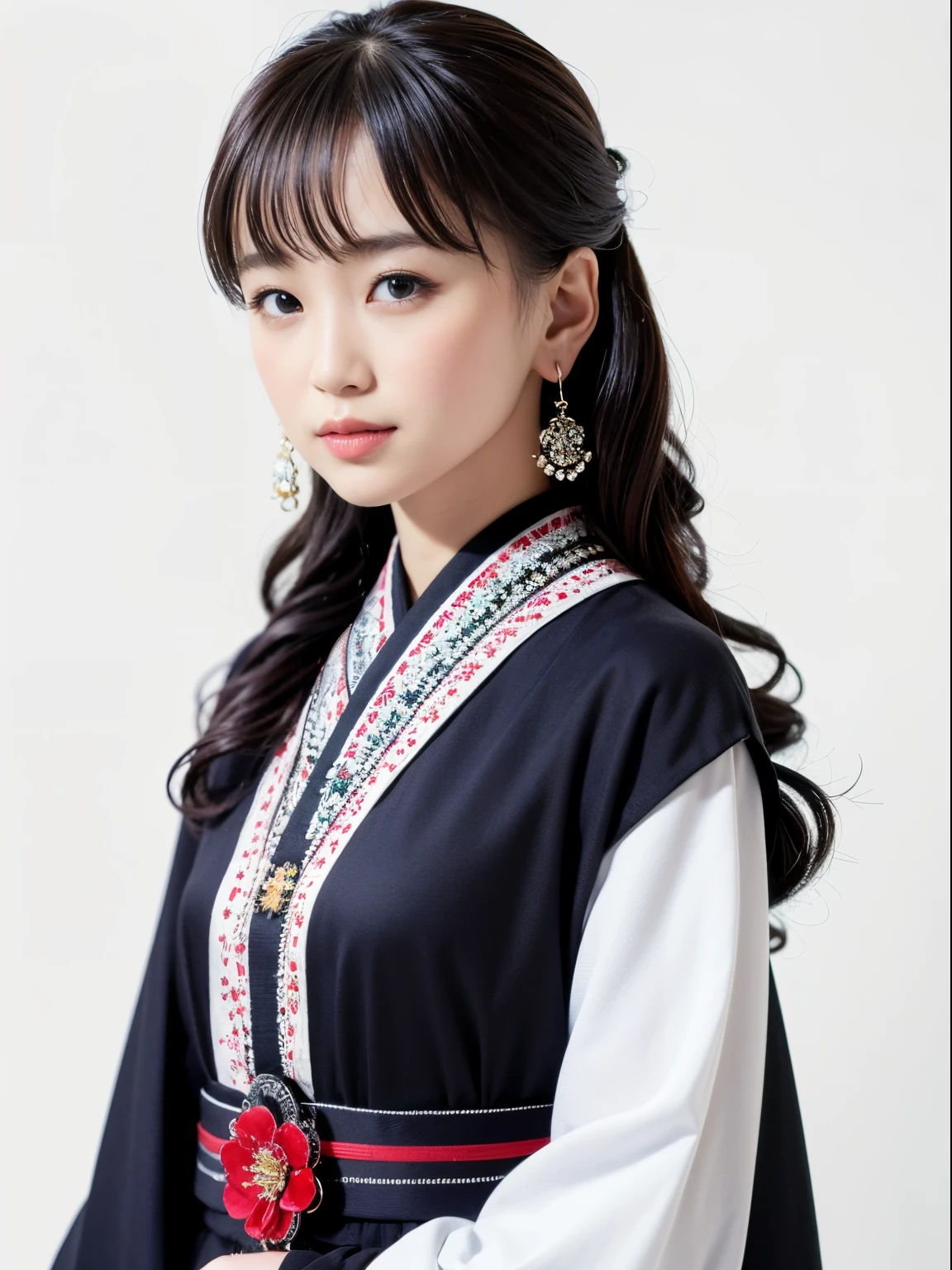 stechu,(white background:1.4), ((tachi-e)), original,(illustration:1.1),(best quality),(masterpiece:1.1),(extremely detailed CG unity 8k wallpaper:1.1), (colorful:0.9),(panorama shot:1.4),(solo:1.2), (ink splashing),(color splashing),((watercolor)), clear sharp focus,{ 1girl standing },((korean style )),flower background,outdoors,rocks, looking at viewer, soft smile,pure,beautyfull detailed face and eyes,beautyfull intricacy clothing decorative pattern details, black hair,black eyes,colorwater