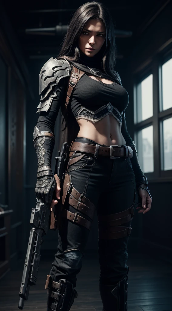 Deathcrave, posing with gun, line art, drawing, art, 4k, cinematic, full body, ray tracing, detailed reflections, intricacies, high detail, drama, masterpiece, photorealistic realism, detail, 8k, HDR, sharp focus