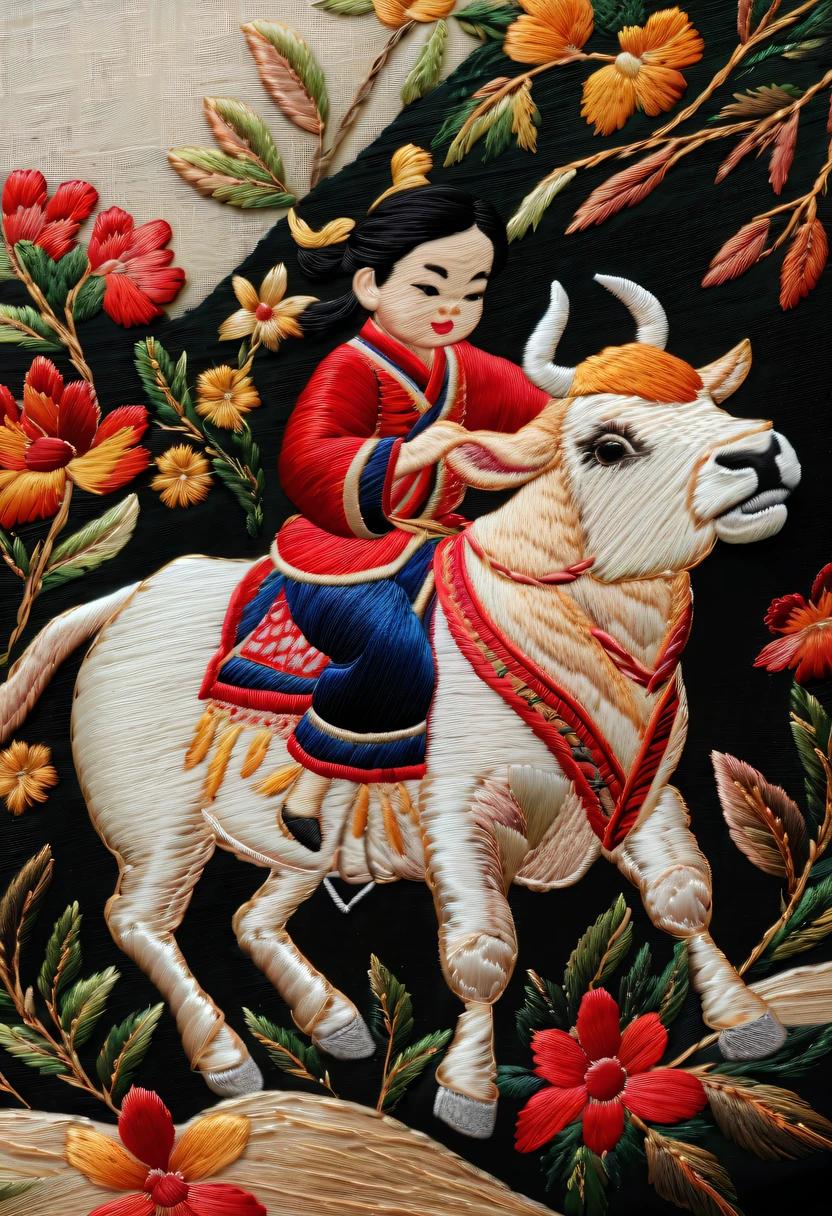 Embroidery works,Embroidery children riding bull,Chinese embroidery