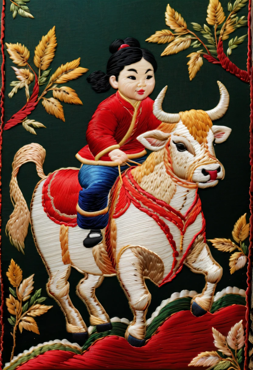Embroidery works，Embroidery children riding bull，Chinese embroidery
