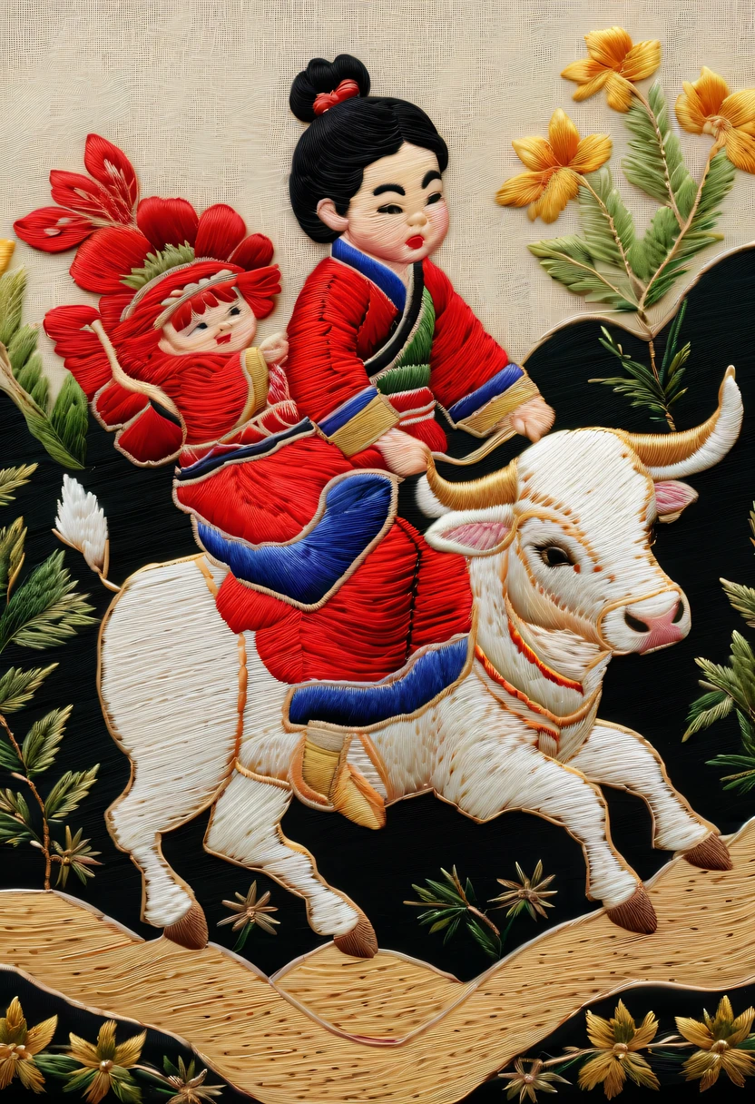 Embroidery works，Embroidery children riding bull，Chinese embroidery