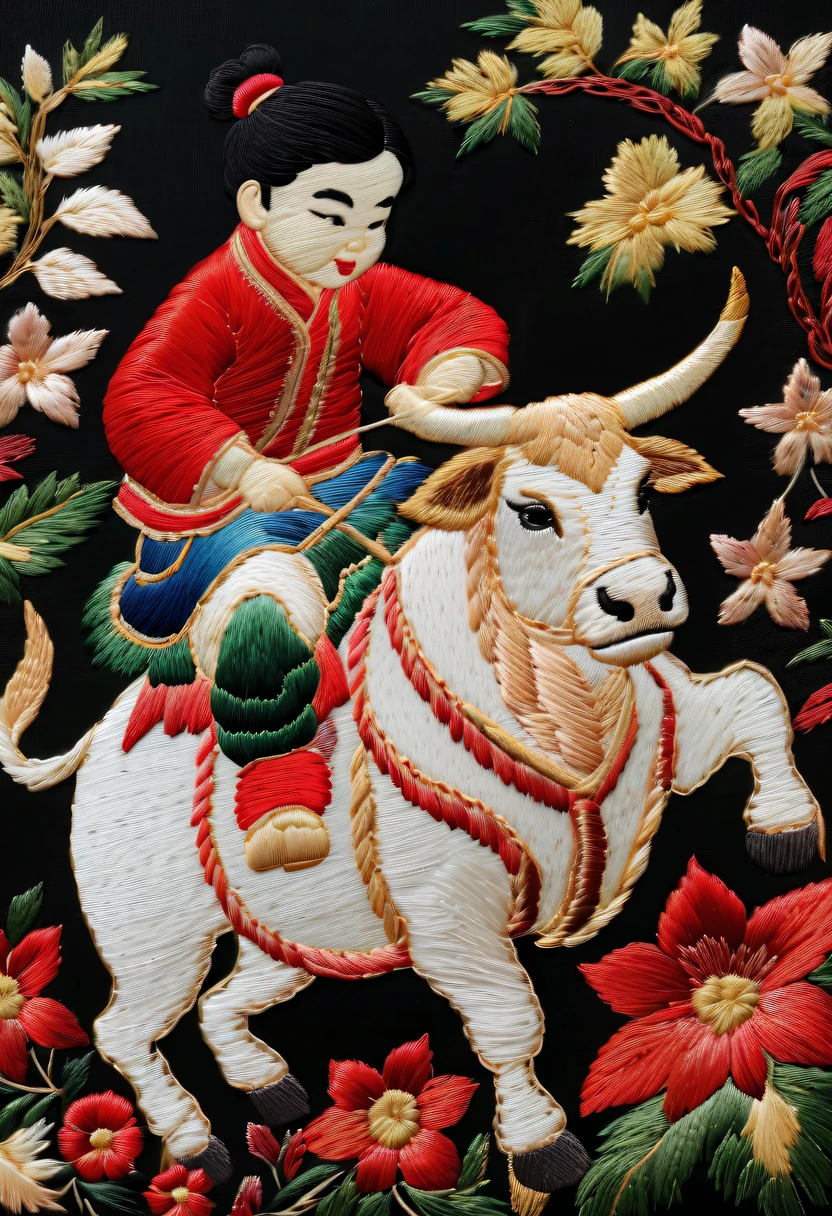 Embroidery works，Embroidery children riding bull，Chinese embroidery