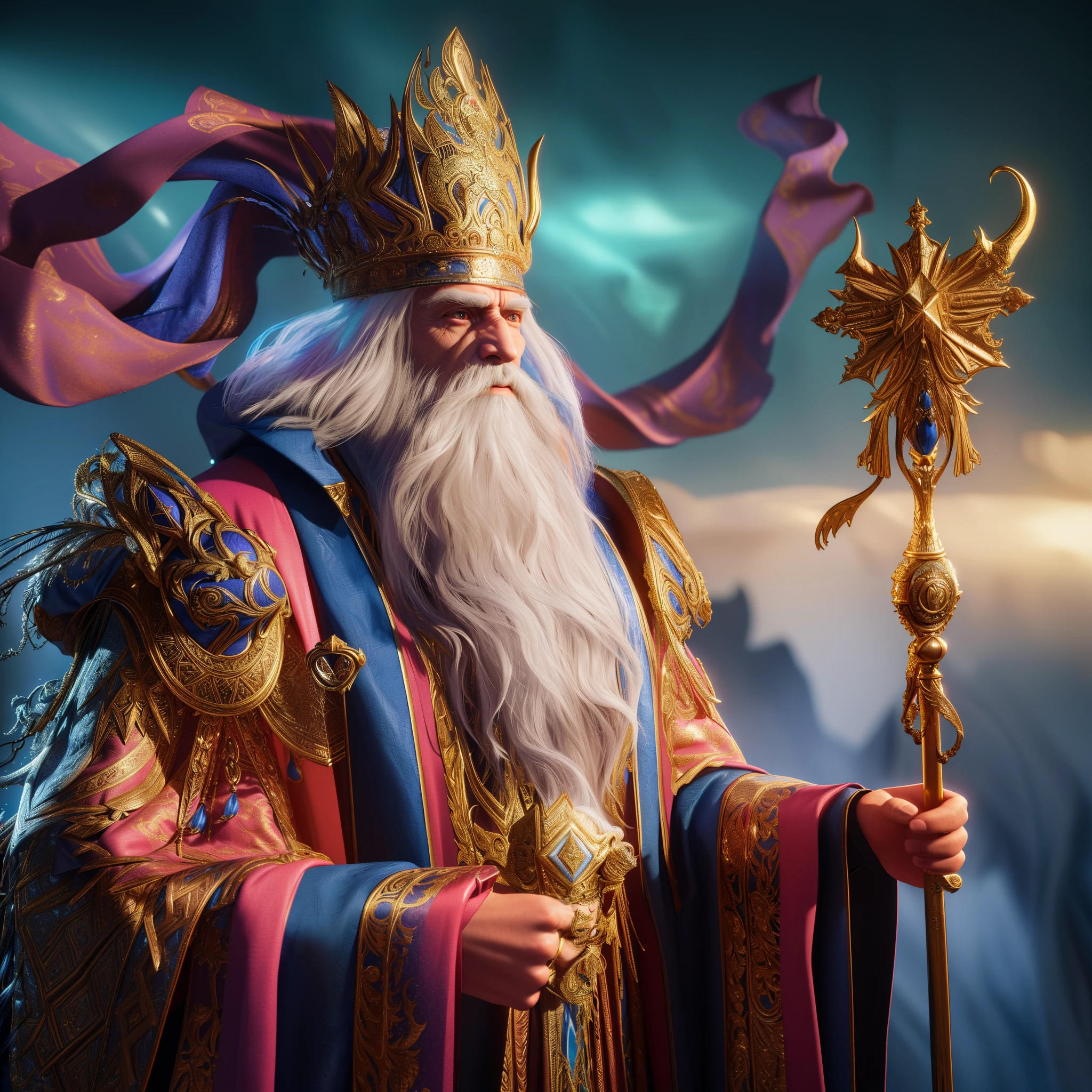 Arafed image of a man, dressed in a suit, holding a staff, Close-up portrait of a magician, hyperdetailed fantasy character, unreal engine fantasy art, Wizard's Hat Cinematic Lighting, male wizard, Micheal Cheval (Unreal engine, 3d rendered character art 8 K, The Medieval Old King, fantasy style 8 k octane render, the god emperor of mankind