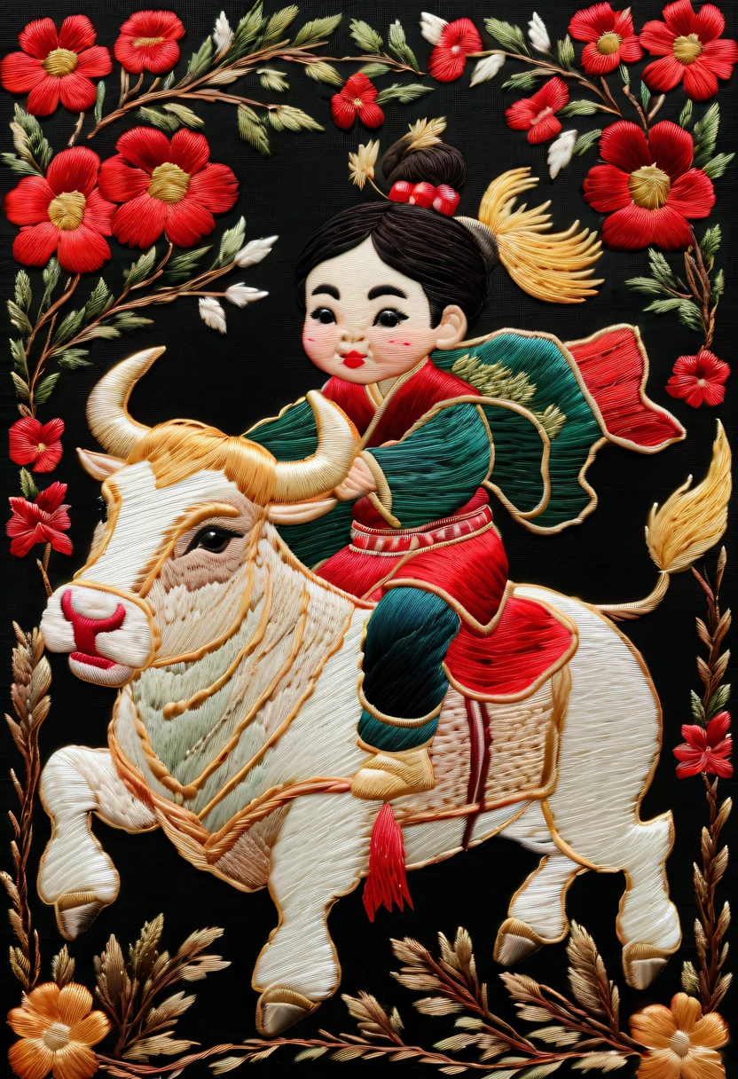 Embroidery works，Embroidery children riding bull，Chinese embroidery