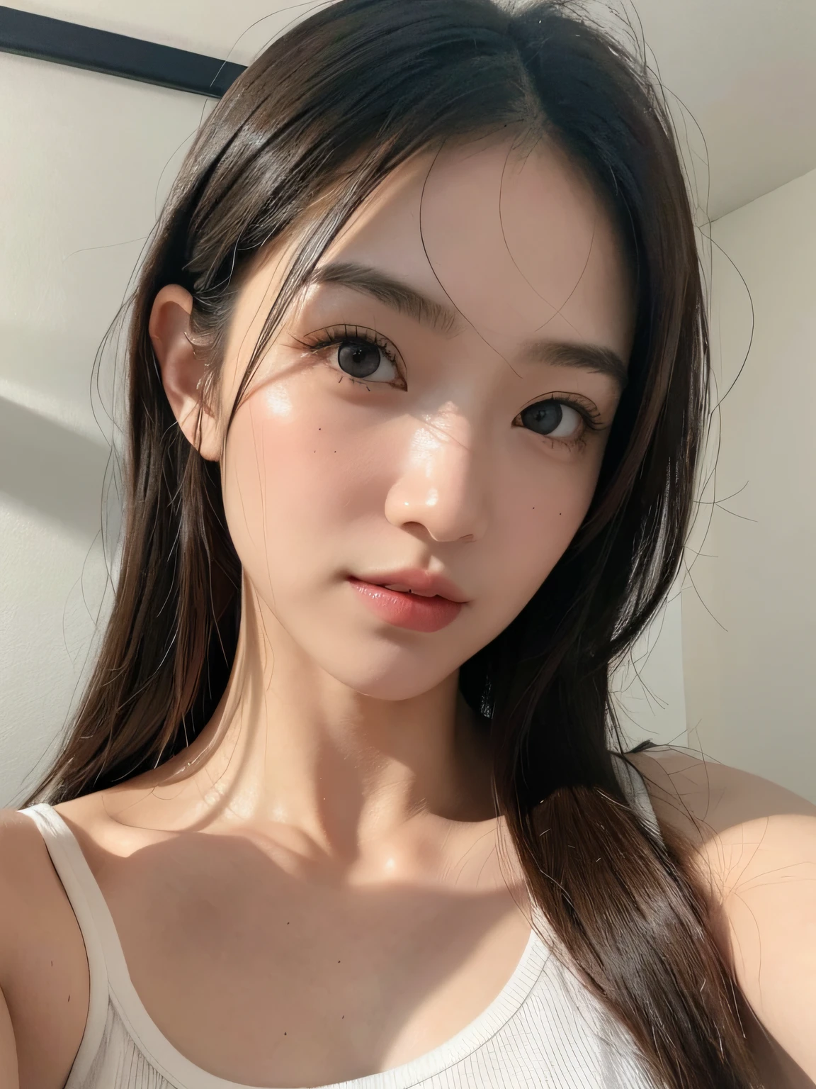 1 girl, (masutepiece:1.3), (4K, raw, Sharp Focus, Delicate, Beautiful composition, Best Quality,) (Photorealistic:1.4), High quality, Ultra-detailed, soft shadow, (Realistic skin), (Intricate details), (Latex skin:0.4), (Detailed skin:1.perfect glossy shiny skins:0.6), (Beautiful eyes), Round eyes, Pretty Face, Blushing face, Glossy lips, High Nose Bridge, Lustrous eyes, A perfectly proportioned face, Realistic damp skin, Ayumi Shiramori, Japanese high school  girl, 27yo, Instagram idol, White tank top, (Random Hair Styles:1.2),  Brown hair, navy Blue eyes, Sexy Pose, Taking a selfie, Bedroom background, Minimal