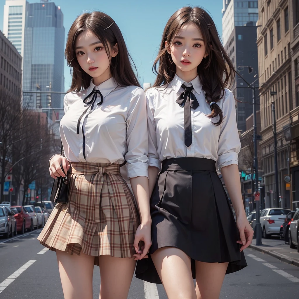 {{，Caucasians}}， looking at viewert， hazel eyes， The is very detailed， medium， brown  hair， aerodrome， Stewardeslue blazer， tiese， blue skirtidskirt， pencil skirtlue high heels， cheerfulnesest quality at best， high qulity， extremely detailed anime screencap， {{{crowed， multipel Girls， thousands of sisterillions of sisterillions of sisters， clone， Doppelganger， Match outfitatching hairstyle}}}}， full bodyesbian