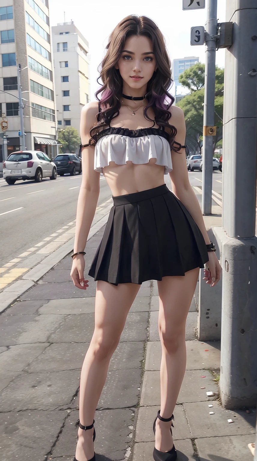 19-year-old woman、Hair color is a gradation of brunette and purple、Eye color is blue、Longhaire、hair is wavy、setting the hairstyle、wearing eye shadow and lipstick、accessories on wrist、Slender but well-proportioned muscular body、a smile、My abs are cracked、The navel is visible、wearing a transparent blouse、I'm wearing a mini-length pleated skirt、I'm wearing thigh-high black socks、in front of old concrete、illuminated by sunlight、wearing a frilly arm dress