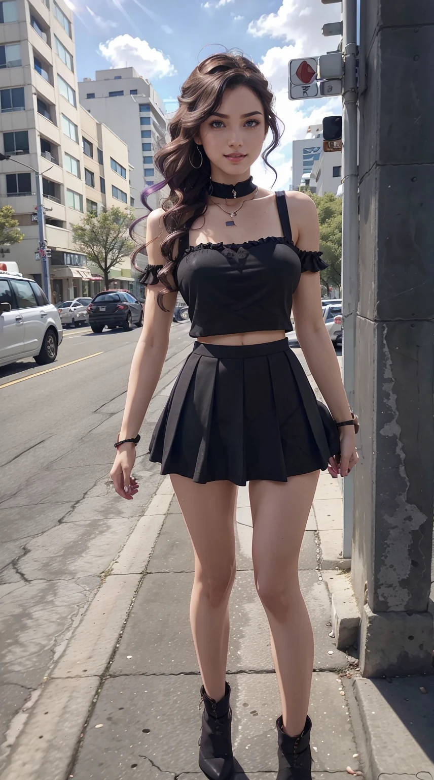 19-year-old woman、Hair color is a gradation of brunette and purple、Eye color is blue、Longhaire、hair is wavy、setting the hairstyle、wearing eye shadow and lipstick、accessories on wrist、Slender but well-proportioned muscular body、a smile、My abs are cracked、The navel is visible、wearing a transparent blouse、I'm wearing a mini-length pleated skirt、I'm wearing thigh-high black socks、in front of old concrete、illuminated by sunlight、wearing a frilly arm dress