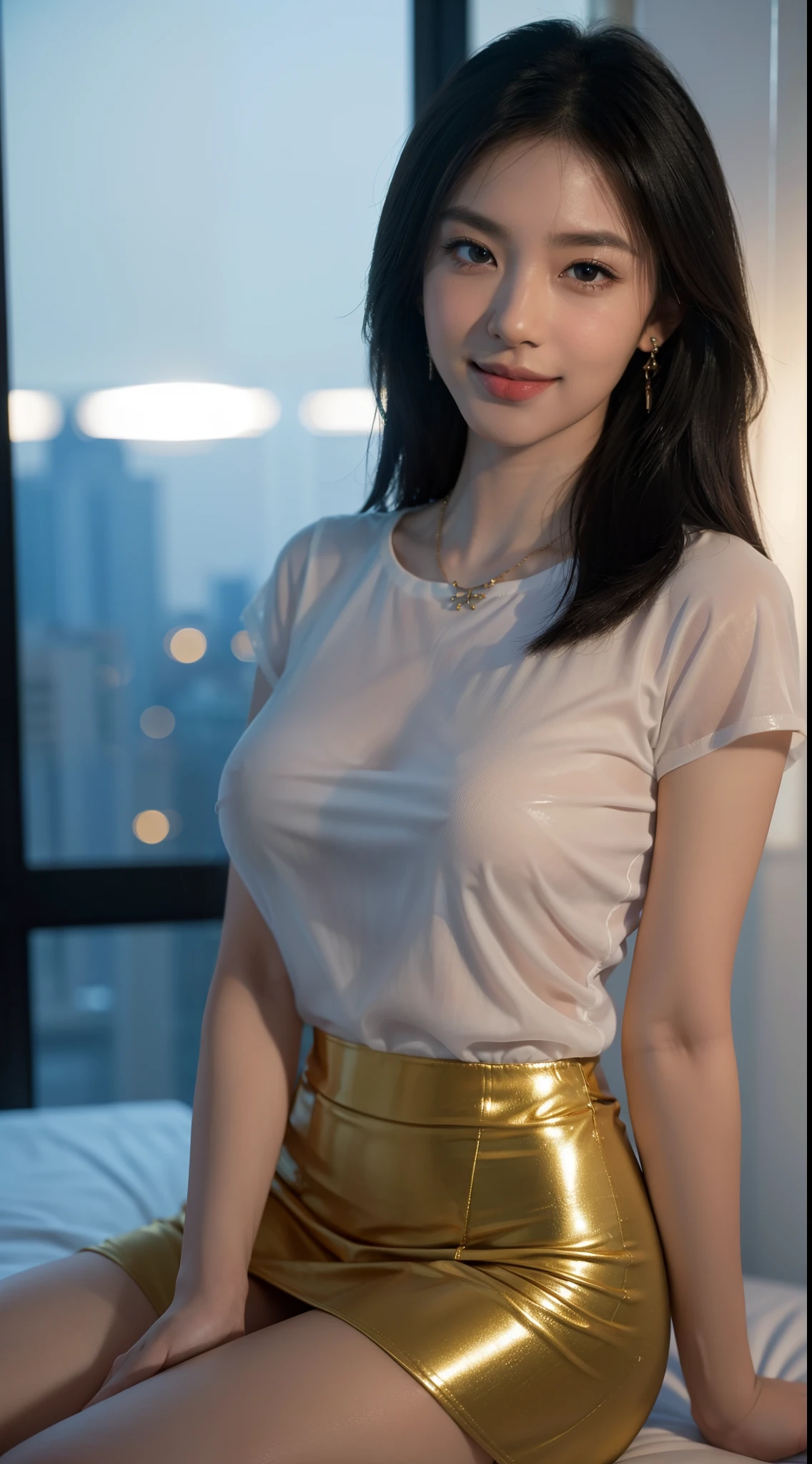 8k, masterpiece, RAW photo, best quality, photorealistic, extremely detailed CG unity 8k wallpaper, Depth of field, Cinematic Light, Lens Flare, Ray tracing, (extremely beautiful face, beautiful lips, beautiful eyes), intricate detail face, ((ultra detailed skin)) 1girl, in the dark, deep shadow, pretty asian girl, very slim slender fit-muscled body), ((looking at viewer)),(big smile), (blurry background), midnight, (pretty asian girl), earrings, bracelets, necklace, clear eyes, shot, (pale skin), face forward, (big eyes), ((close up shot)), (looking at viewer), medium breasts,((smile)), (see through), (open breasts), ( very slim), (see through shirt), ((golden skirt)), thick thighs, laced stockings, rooftop, dim lights, big windows, bed, ((night)), cityscape