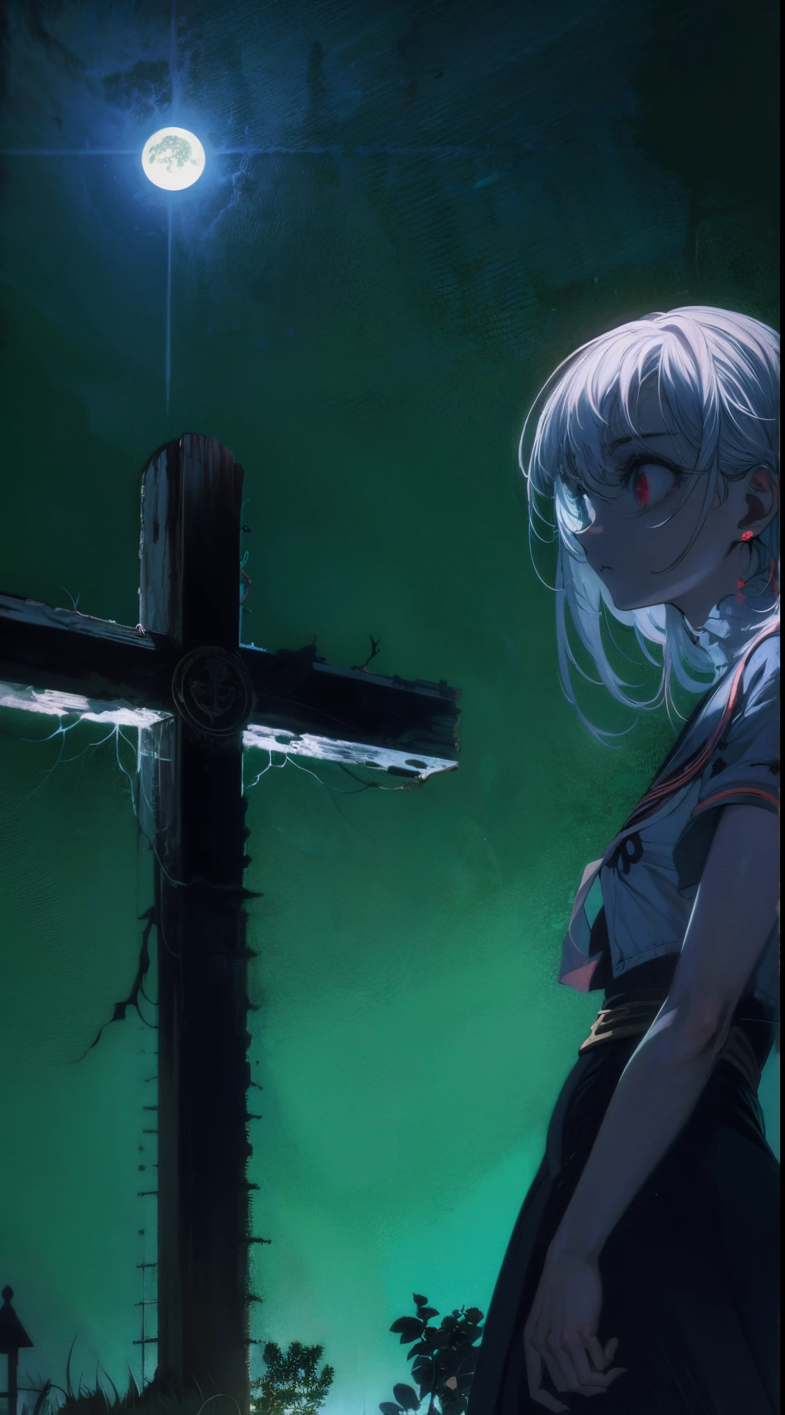 The image is in adult anime style cowboy bebop or Darker than black style with shadows and dim lights, anime style although somewhat adult and dark, It shows an adult woman, 30 year old albino mature woman with red eyes. naked. You can see his bare feet, high. Uneven wavy short hair. has clean toenails. Strong legs. She is crucified against a white marble pillar and her chest has a bleeding hole because she is pierced from back to front., by a white spear in his chest. Anime gore nsfw style. Behind her you can see the sky and vacant land below her..