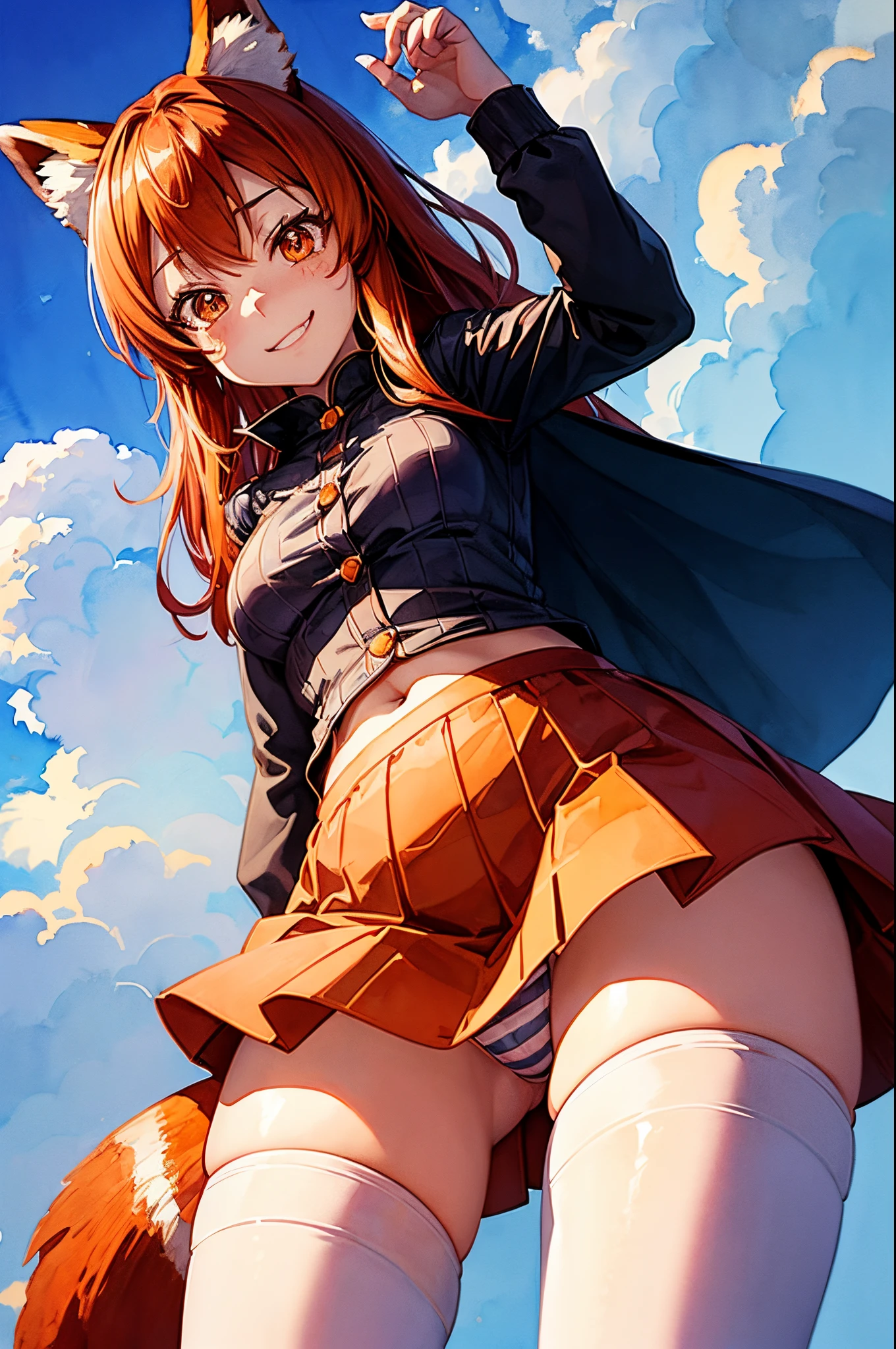 Anime moe style, (looking down at viewer), (((giantess))), ((low angle)), (Big thighs), ((big hips)), thin waist, ((flat stomach)), Cheeky grin, (((mischievous))), dom, sadist, Red hair, (Orange eyes), (tight Button shirt), (short skirt), (Upskirt angle showing striped panties), ((Red Panda ears)), (((Red Panda tail))), (((bushy tail))), thin waist, volumetric lighting, (masterpiece), dynamic angle, (best quality), ((evening sky)), (((watercolor speedpaint Illustration))), (((white thigh highs)))