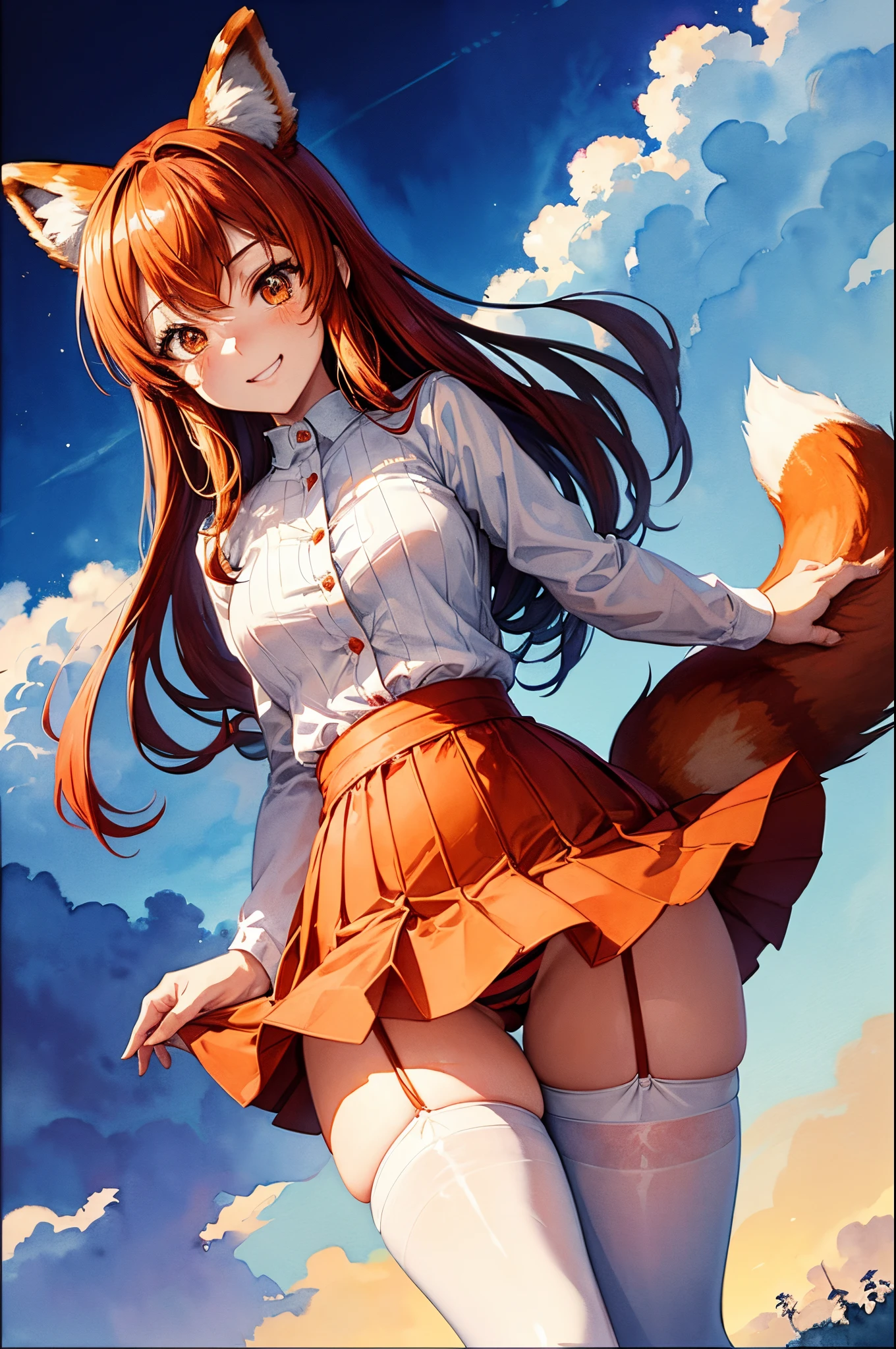 Anime moe style, (looking down at viewer), (((giantess))), ((low angle)), (Big thighs), ((big hips)), thin waist, ((flat stomach)), Cheeky grin, (((mischievous))), dom, sadist, Red hair, (Orange eyes), (tight Button shirt), (short skirt), (Upskirt angle showing striped panties), ((Red Panda ears)), (((Red Panda tail))), (((bushy tail))), thin waist, volumetric lighting, (masterpiece), dynamic angle, (best quality), ((evening sky)), (((watercolor speedpaint Illustration))), (((white thigh highs)))