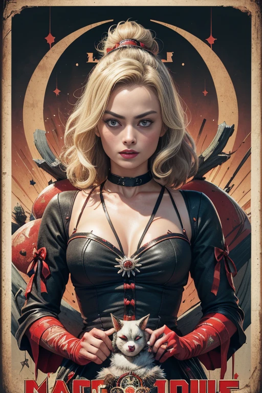 (masutepiece, Best Quality), Margot Robbie、8K Wallpaper, Highly detailed, poster for, krampus, vintage horror, 1940's, christmas horror thriller movie poster, Bauhaus, shapes, lines, Abstract, propaganda, Gothic, Cinematic poster, Vintage,