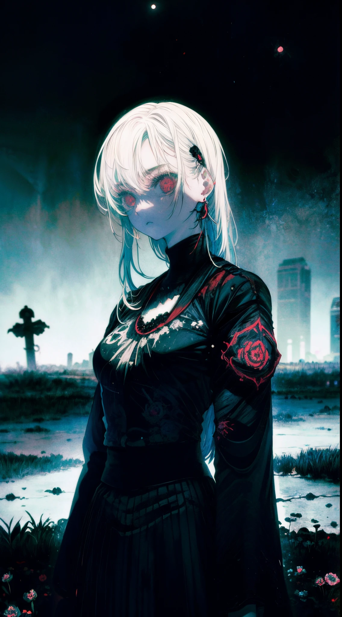 (Kyle Thompson:1.3), anime-style, girl, abandoned park, black roses, death symbol, moonlight, depth, shallow focus, cross shadow, photorealistic, contrast, synthesis, medium difference, dramatic, symbolic, eerie, night, moonlit, mysterious, dark, ethereal, haunting, surreal, atmospheric, artistic.