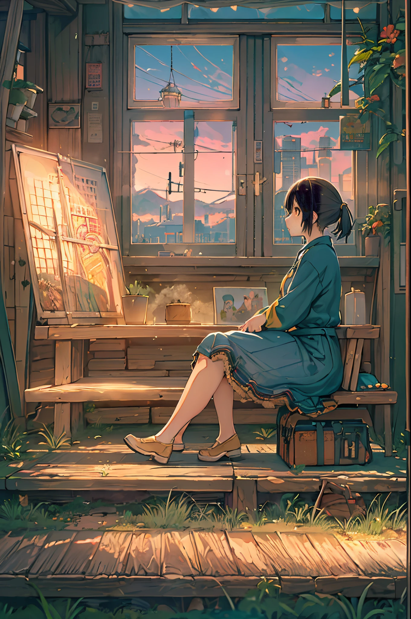 Anime girl sitting on a wooden bench with a suitcase, makoto shinkai art style, Shinkai Makoto style, painted in anime painter studio, By Shinkai Makoto. a digital rendering, lofi-girl, ( ( By Shinkai Makoto ) ), in the style of makoto shinkai, anime style 4 k, style of makoto shinkai, made with anime painter studio、Evening glow、At dusk