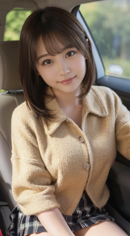 (Photorealistic), (ultra high realistic), (Ultra high definition), (ultra high detailed), (Increase contrast), (Increase saturation), (A 12-year-old girl), (light skinned)A pretty woman with perfect figure, Cute face, Beautiful expression, (Lifelike face), Beautiful hairstyle, Realistic eyes, beautiful detail, (real looking skin), Beautiful skins, enticing, The ultra -The high-definition, A hyper-realistic, Realistic, Very detailed, , poneyTail, bangss), (Light brown wool short coat and knee-high boots、japanese cute idol, Tartan check)((Very short miniskirt)) Gentle smile, Brown hair,、The cleavage looks bold、beutiful breast、thin-waist、((lying in the passenger seat of a car))