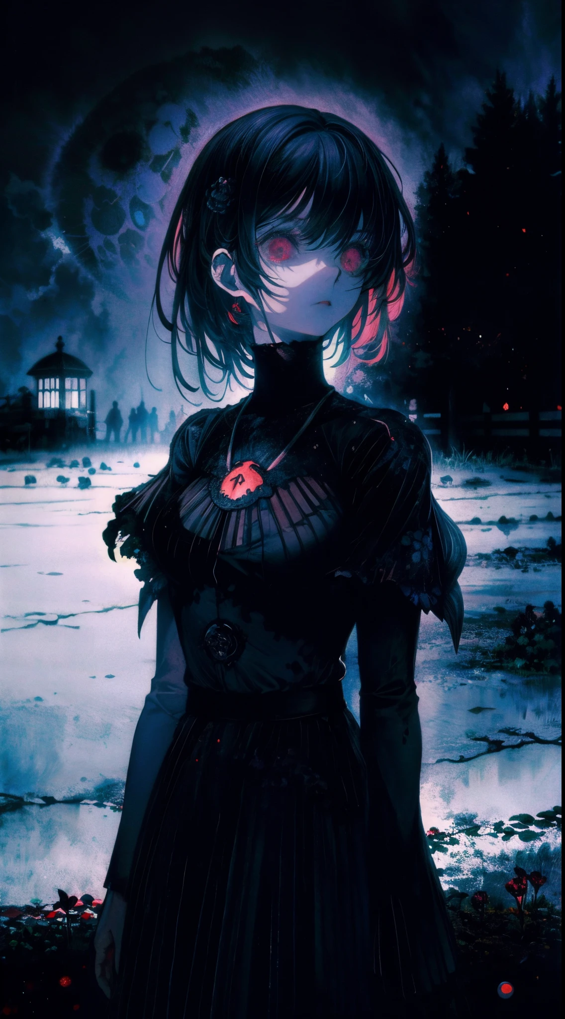 (Kyle Thompson:1.3), anime-style, girl, abandoned park, black roses, death symbol, moonlight, depth, shallow focus, cross shadow, photorealistic, contrast, synthesis, medium difference, dramatic, symbolic, eerie, night, moonlit, mysterious, dark, ethereal, haunting, surreal, atmospheric, artistic.