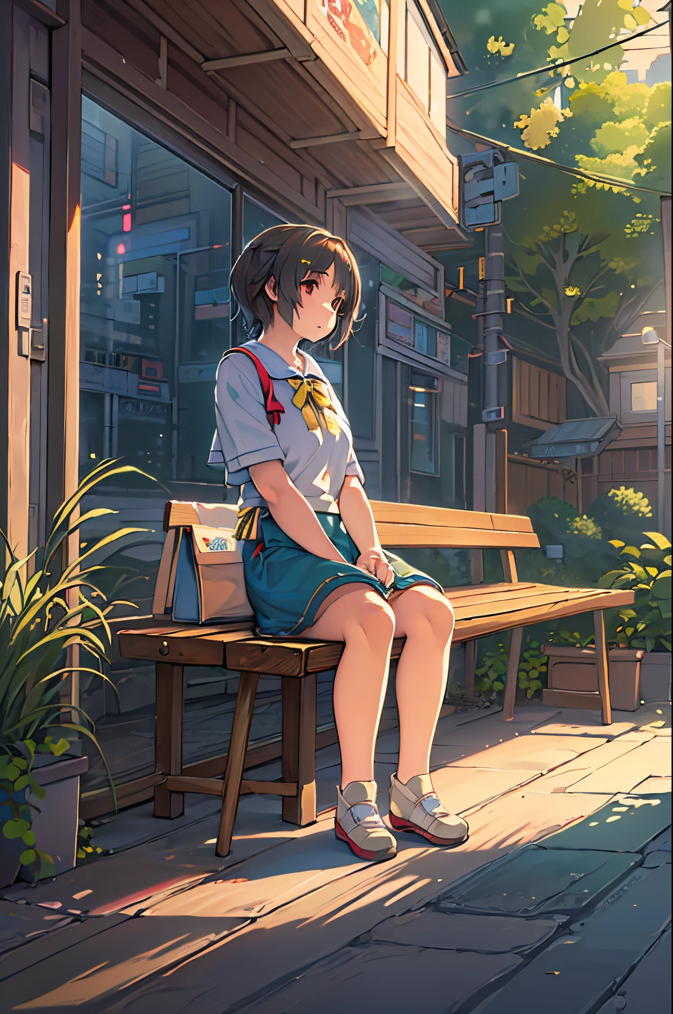 Anime girl sitting on a wooden bench with a suitcase, makoto shinkai art style, Shinkai Makoto style, painted in anime painter studio, By Shinkai Makoto. a digital rendering, lofi-girl, ( ( By Shinkai Makoto ) ), in the style of makoto shinkai, anime style 4 k, style of makoto shinkai, made with anime painter studio、Evening glow、At dusk