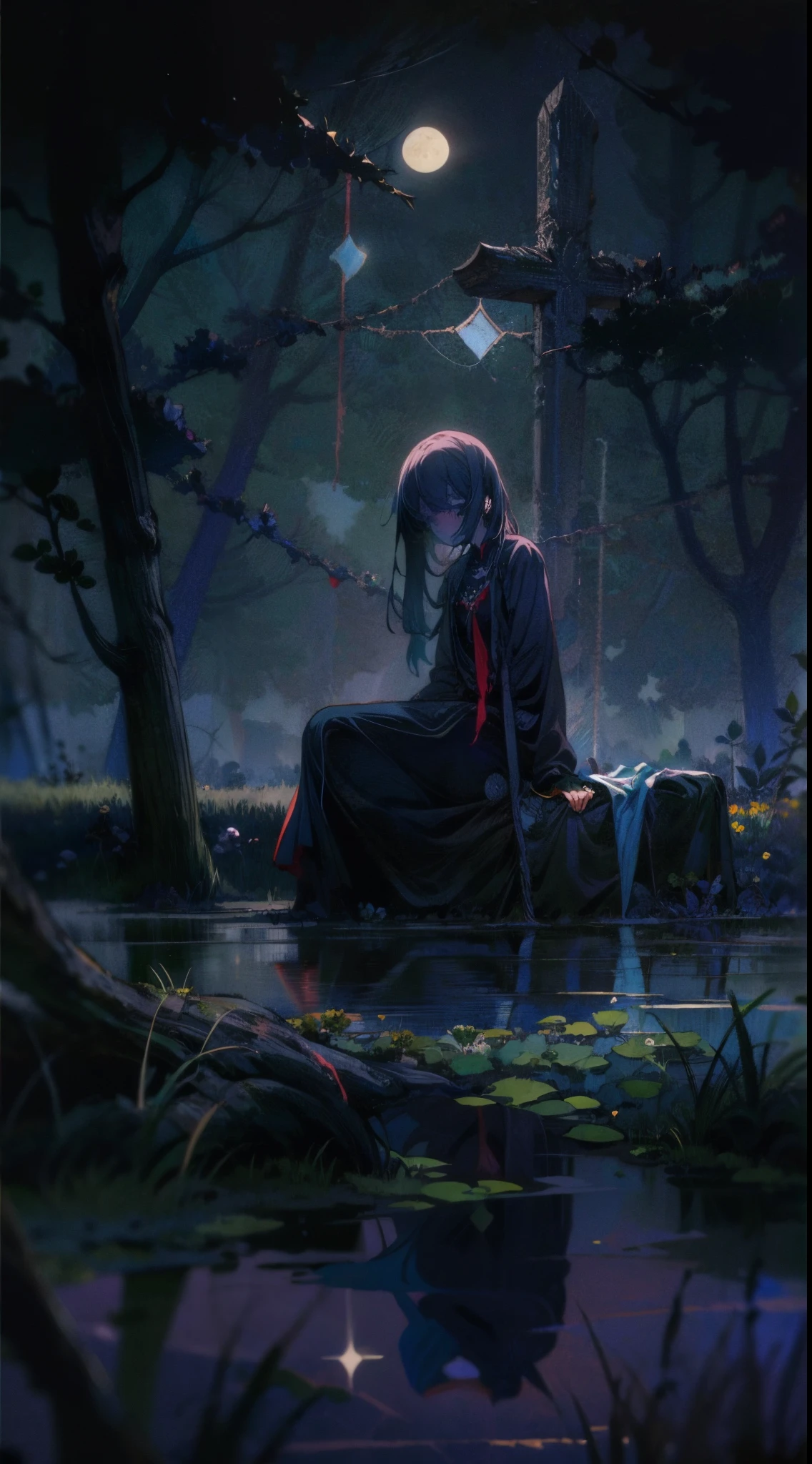 (Kyle Thompson:1.3), anime-style, girl, abandoned park, black roses, death symbol, moonlight, depth, shallow focus, cross shadow, photorealistic, contrast, synthesis, medium difference, dramatic, symbolic, eerie, night, moonlit, mysterious, dark, ethereal, haunting, surreal, atmospheric, artistic.