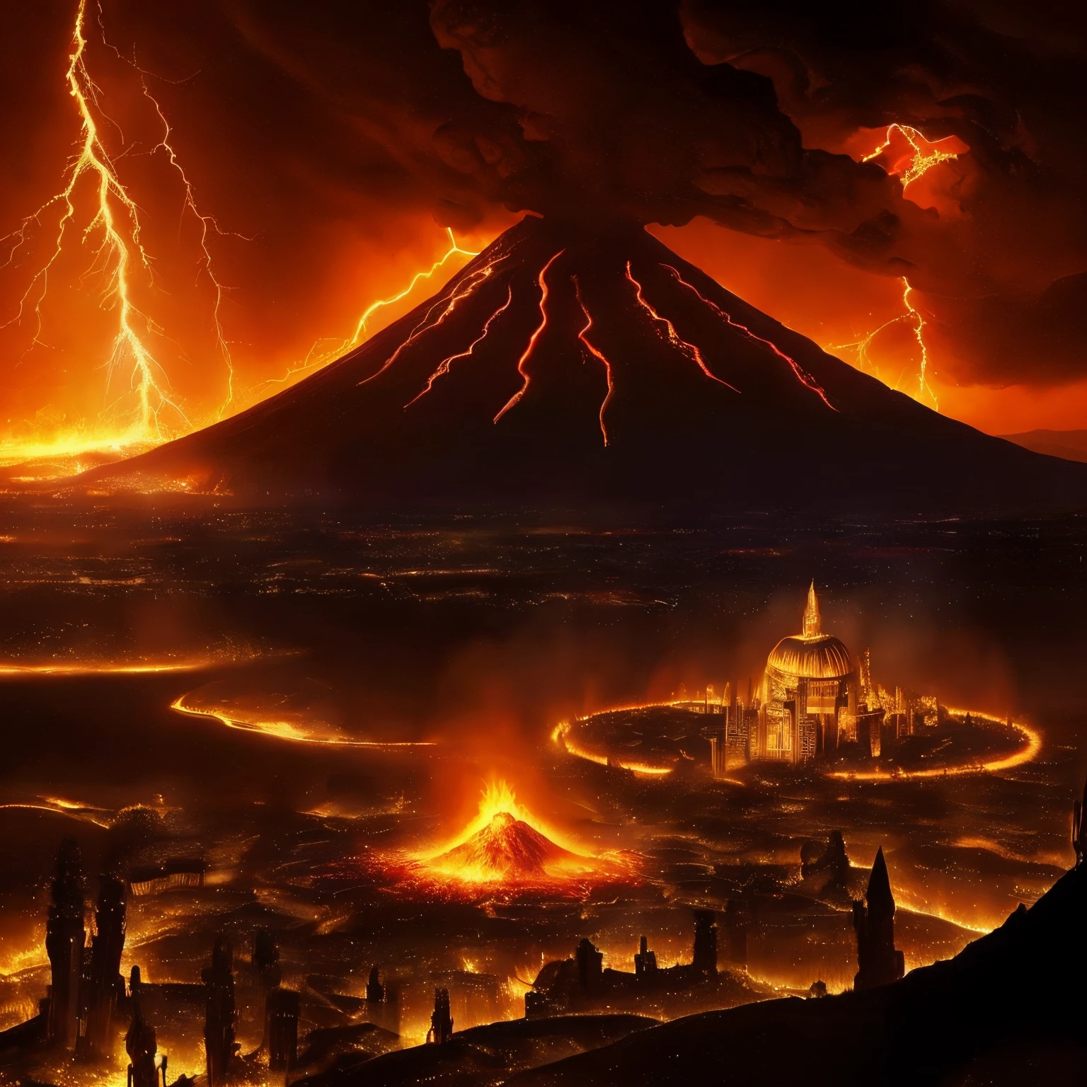 lightning, Inferno city, (might and magic)!!!, Golden City, red sky, Hell, Plane of Fire, volcanoes, lava, ash, (medieval arabic style golden towers)!!!, fire elementals, obsidian, fantasy, world of fire, golden towers, lava lake, arabic architecture, Phoenix, Arabic architecture, lightning, fantasy world, middle ages, antiquity