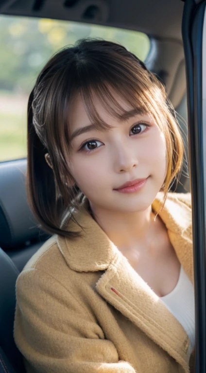 (Photorealistic), (ultra high realistic), (Ultra high definition), (ultra high detailed), (Increase contrast), (Increase saturation), (A ), (light skinned)A pretty woman with perfect figure, Cute face, Beautiful expression, (Lifelike face), Beautiful hairstyle, Realistic eyes, beautiful detail, (real looking skin), Beautiful skins, enticing, The ultra -The high-definition, A hyper-realistic, Realistic, Very detailed, , poneyTail, bangss), (Light brown wool short coat and knee-high boots、japanese cute idol, Tartan check)((Very short miniskirt)) Gentle smile, Brown hair,、The cleavage looks bold、beutiful breast、thin-waist、((lying in the passenger seat of a car))