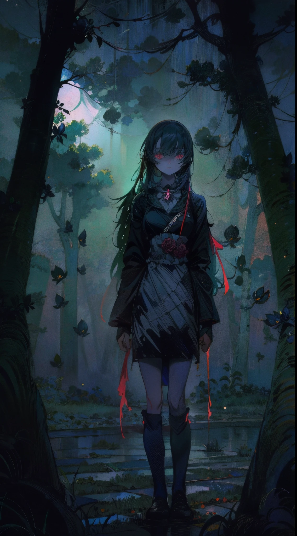 (Kyle Thompson:1.3), anime-style, girl, abandoned park, black roses, death symbol, moonlight, depth, shallow focus, cross shadow, photorealistic, contrast, synthesis, medium difference, dramatic, symbolic, eerie, night, moonlit, mysterious, dark, ethereal, haunting, surreal, atmospheric, artistic.