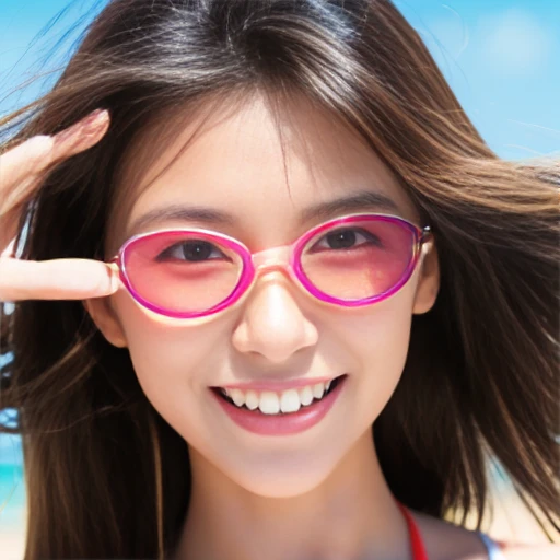 Epic on the beach scene, 20years thai-chinese girl brown eye, light pink lip with long hair, wind blowing, beauty anatomy, wear white bikini fashion style with sunglasses, hand signal love symbol pose, beauty smiling, morning on the beach background, composition, kodak film, 8k high res, realistic photograph