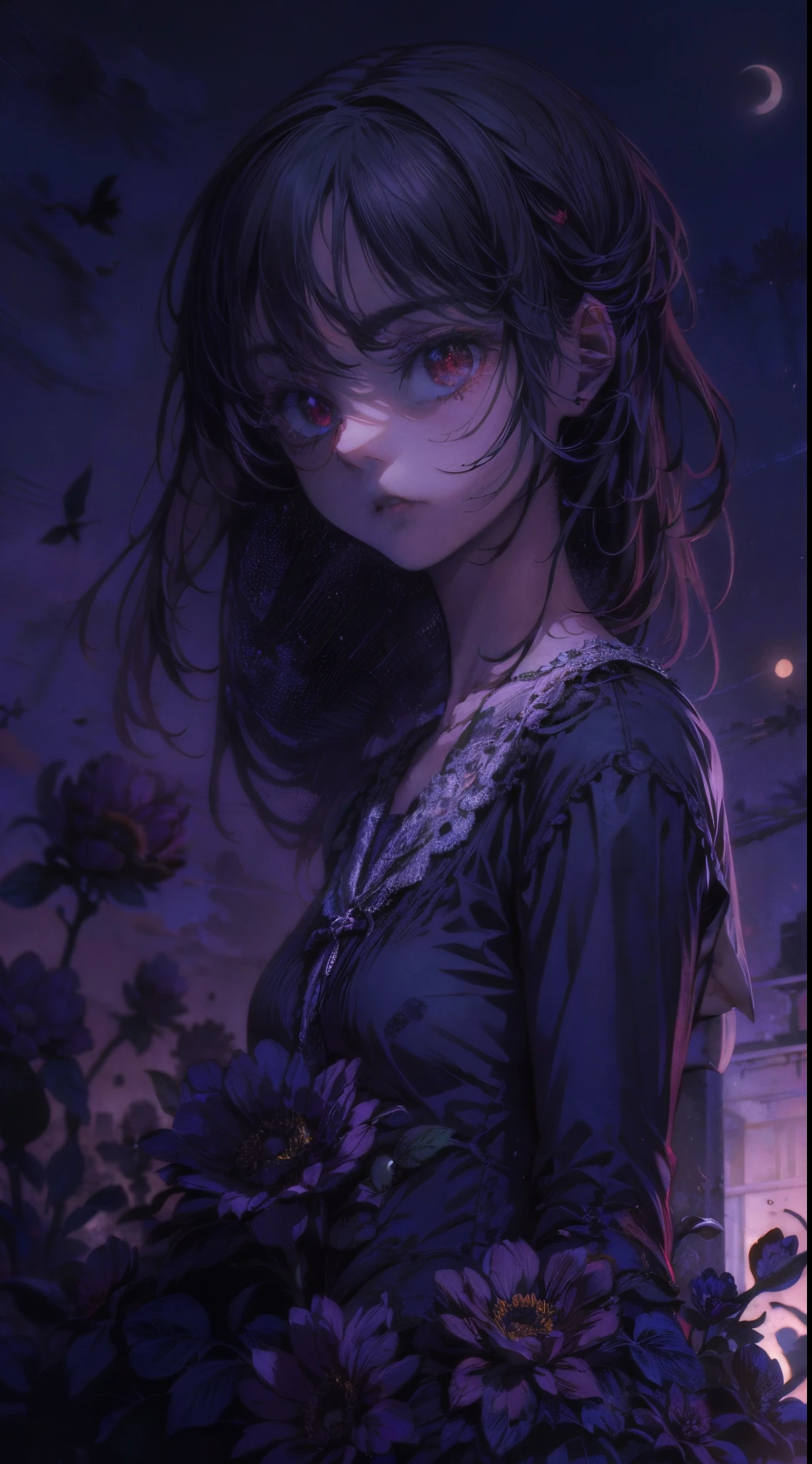 (Kyle Thompson:1.3), anime-style, girl, abandoned park, black roses, death symbol, moonlight, depth, shallow focus, cross shadow, photorealistic, contrast, synthesis, medium difference, dramatic, symbolic, eerie, night, moonlit, mysterious, dark, ethereal, haunting, surreal, atmospheric, artistic.