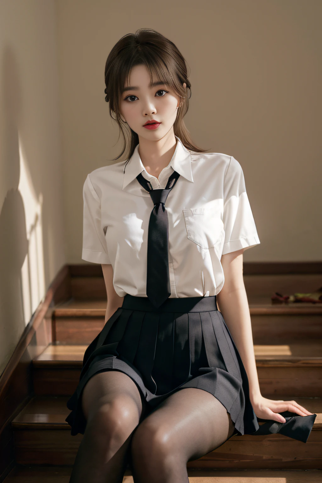 Korean School Uniform、Summer Uniform Shirts、Tight-fitting shirt、Ribbon Ties、skirt by the、Schools、stairs at school、Chest lifting pose、The focus is on the chest、Thin and large、8k RAW photo、hight resolution、18-year-old Korean、looking embarrassed、very large round breasts、intricate and fine details、long eyelasher、beautiful double eyelid、eyeshadows、eye line、elongated eyes、elongated eye shape、Sanpaku eyes are beautiful and thin, legit thin thighs、Random Shorthair、Tie your hair back、耳Nipple Ring、light brown hair、(Wear pantyhose)、Grab your knees，