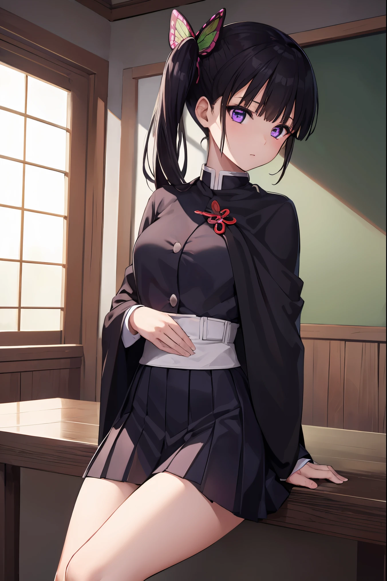 kanaotsuyuri, kanao tsuyuri, black hair, butterfly, butterfly hair ornament, (purple eyes:1.1), side ponytail, ponytail, 
BREAK black skirt, cape, demon slayer uniform, long sleeves, pleated skirt, skirt, white cape,
BREAK looking at viewer,
BREAK indoors, classroom,
BREAK (masterpiece:1.2), best quality, high resolution, unity 8k wallpaper, (illustration:0.8), (beautiful detailed eyes:1.6), extremely detailed face, perfect lighting, extremely detailed CG, (perfect hands, perfect anatomy),